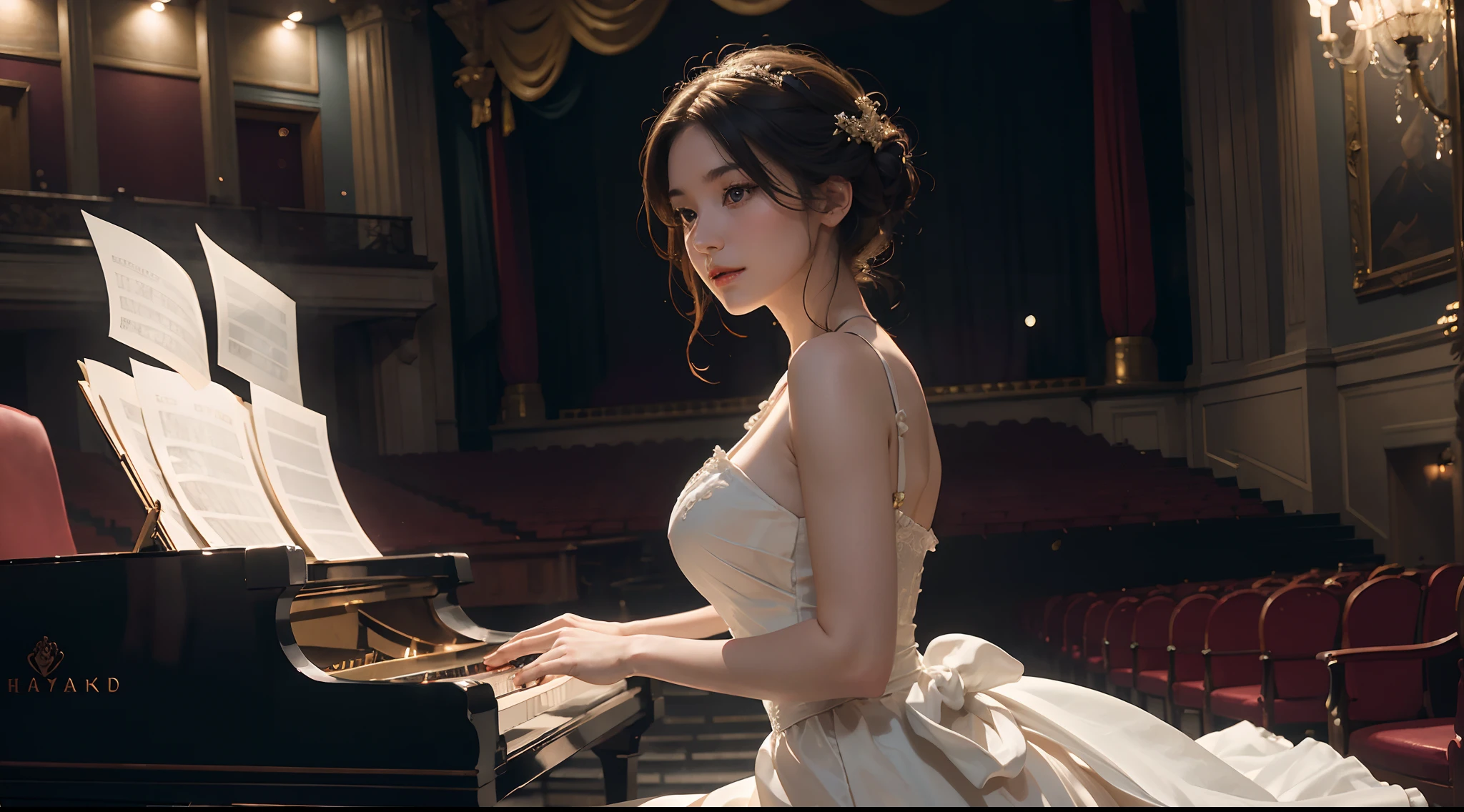 (masterpiece), (best quality), extremely delicate and beautiful, realistic, 1girl, playing grand piano, theater stage, (elegant white dress), special force, 8K post-production, high resolution, hyperdetailed, depth of field, HDR, intricate, dynamic lighting, warm color