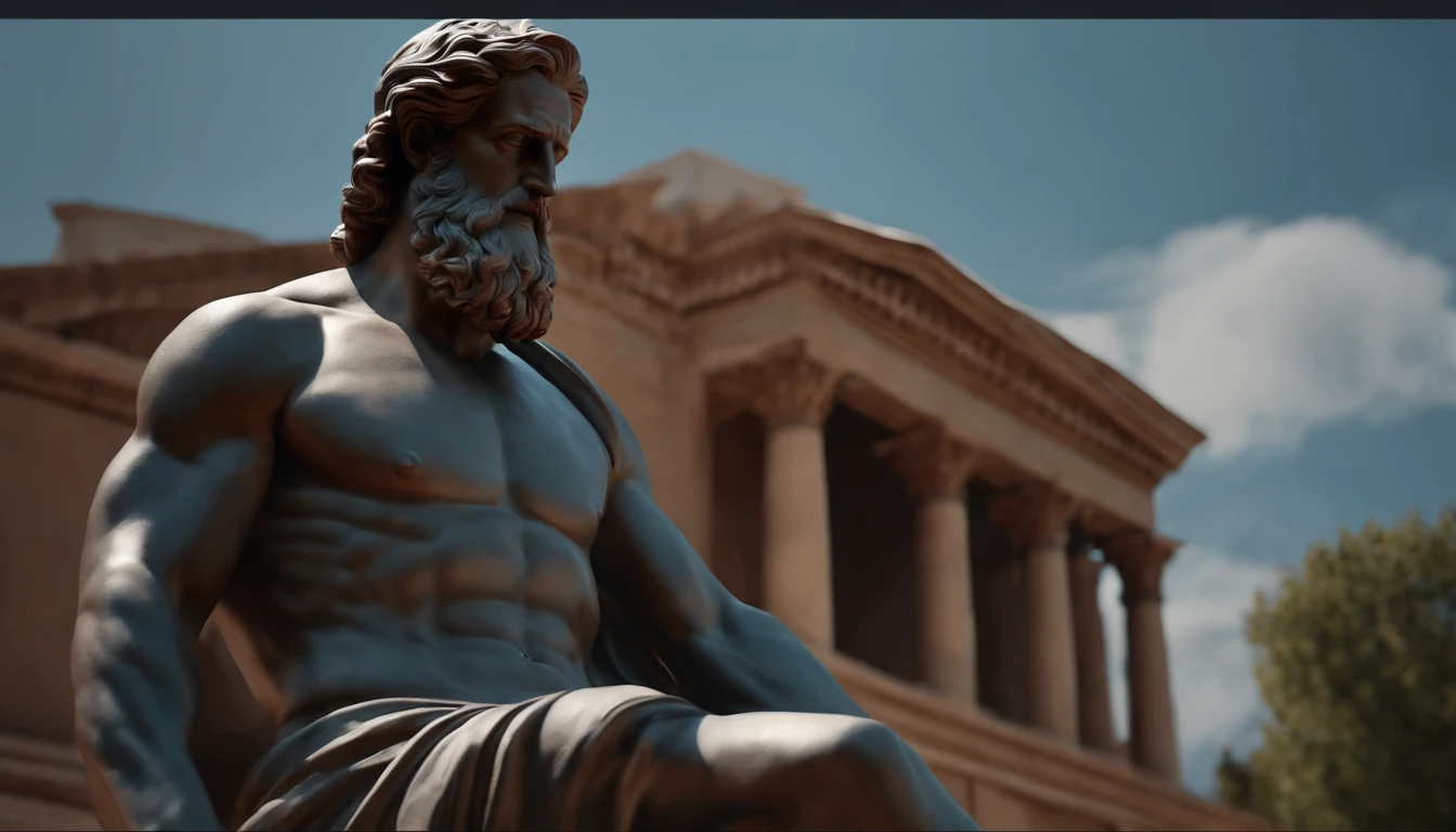 Muscular statue of Greek philosopher, barba grande, cinemactic, fundo escuro, 8k, ultra realistic