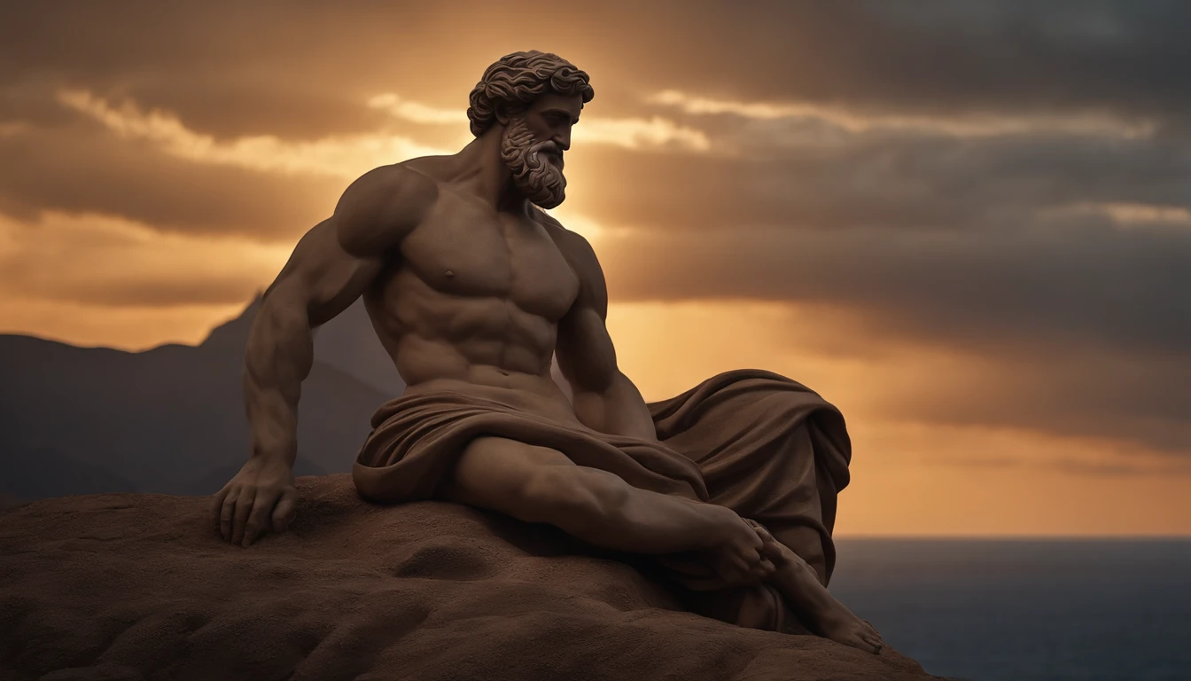 Muscular statue of Greek philosopher, barba grande, cinemactic, fundo escuro, 8k, ultra realistic