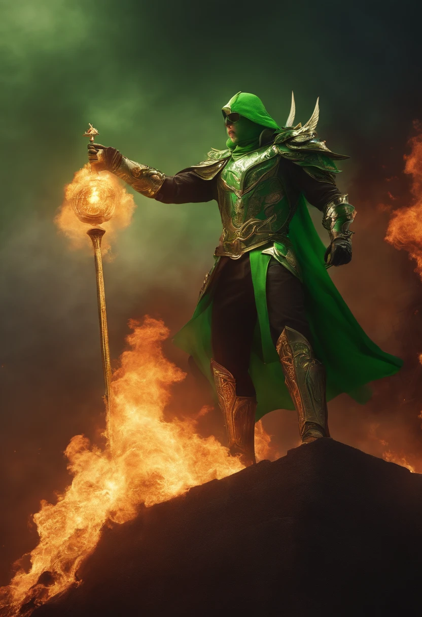 Garota de cabelos verdes com mechas brancas, holding in his right hand a scepter, flying over a burning building,