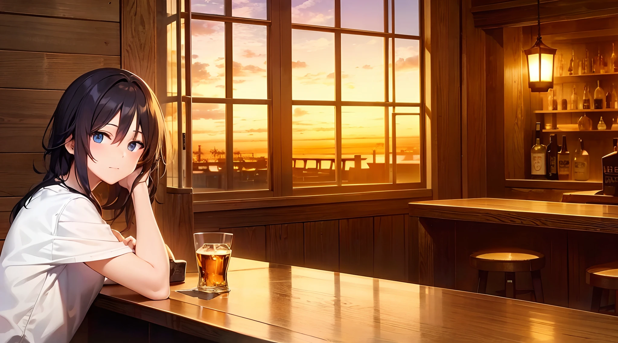 ANIME STYLE AN EMPTY tavern WOODEN BAR WITH BAR COUNTER HAVING A GLASS OF WHISKEY ON ANOTHER PLANET SUNSET LIGHT COMING FROM WINDOW , MEDIEVAL PERIOD TIME TYPE, EMPTY BAR