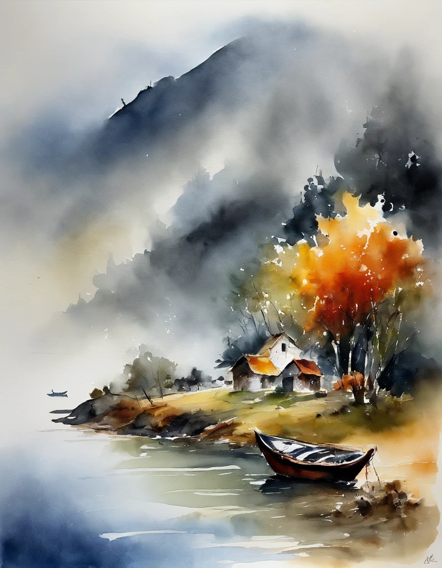 Landscape painting,ink and watercolor painting,water ink,ink,Smudge,Faraway view,,Meticulous,Faraway view,Meticulous,Smudge,low-saturation,Low contrast,The light boat has crossed the Ten Thousand Heavy Mountains,Beautifully depicted,A detailed,acurate,Works of masters,tmasterpiece