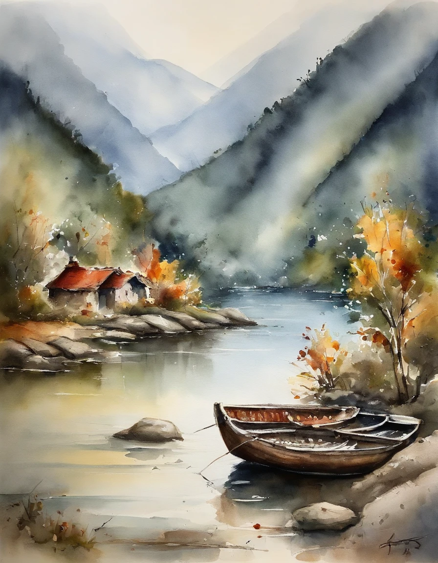 Landscape painting，ink and watercolor painting，water ink，ink，Smudge，Faraway view，，Meticulous，Faraway view，Meticulous，Smudge，low-saturation，Low contrast，The light boat has crossed the Ten Thousand Heavy Mountains，Beautifully depicted，A detailed，acurate，Works of masters，tmasterpiece