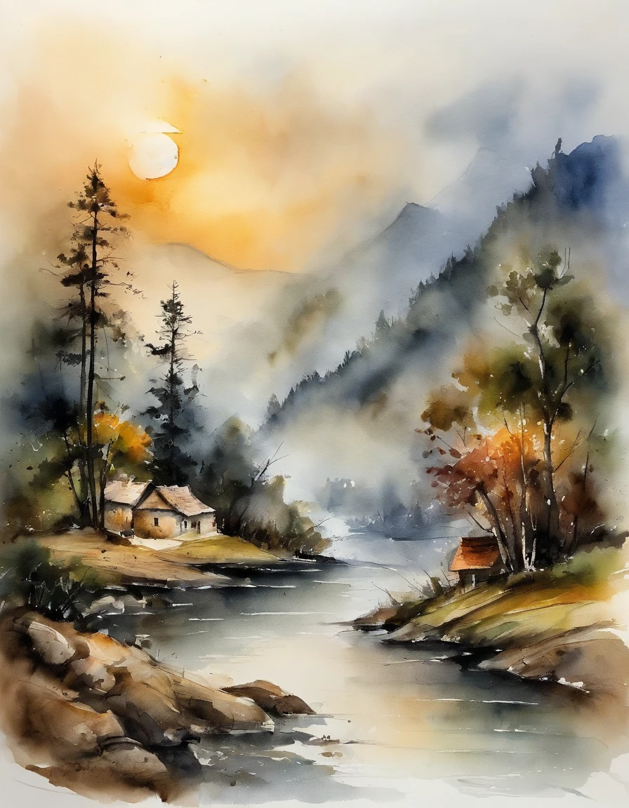 Landscape painting，ink and watercolor painting，water ink，ink，Smudge，Faraway view，，Meticulous，Faraway view，Meticulous，Smudge，low-saturation，Low contrast，The light boat has crossed the Ten Thousand Heavy Mountains，Beautifully depicted，A detailed，acurate，Works of masters，tmasterpiece
