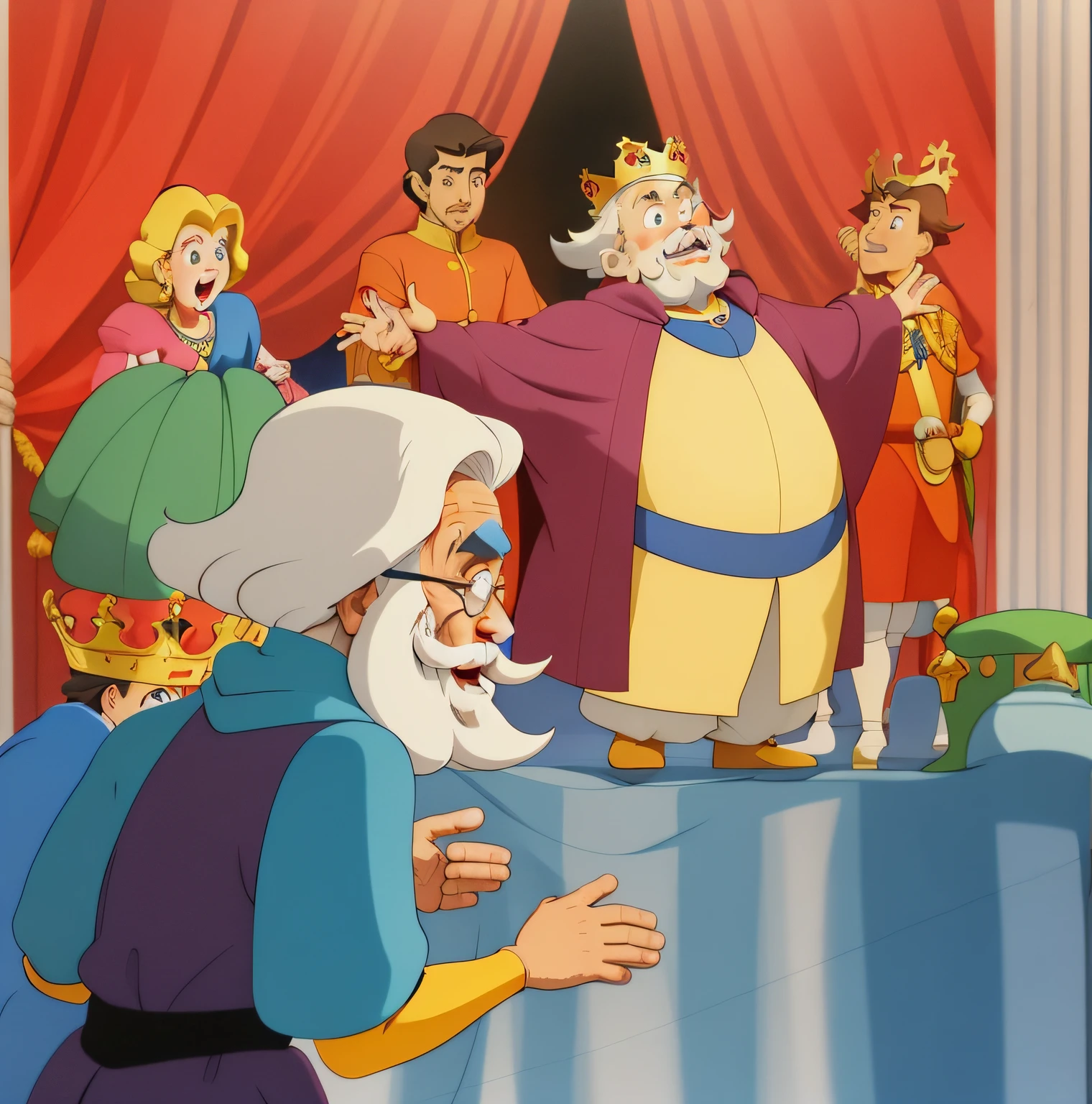 Cartoon close-up of a man in a crown surrounded by people, royal family, production animation cel, granting him a noble title, author：Hannah Barbera, the king of thieves, Celebrate the coronation of the king, filmation animation, film still from an cartoon, shaded animation cel, film still from an cartoon, king's quest, animated cartoon