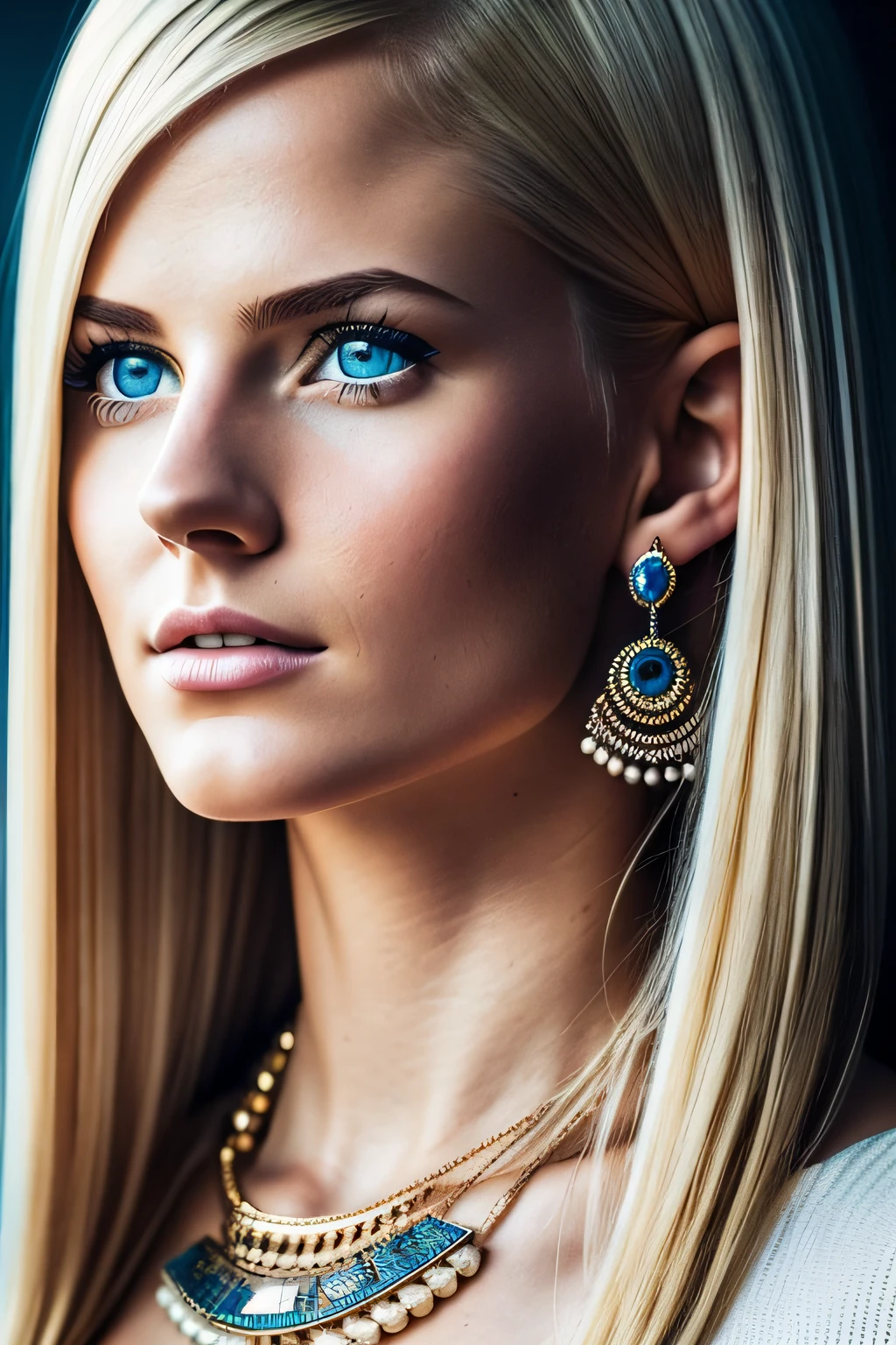 Slender, young, short blonde hair, blue eyes, in office, natural skin texture, 24mm, 4K textures, soft cinematic light, RAW photography, photorealistic, photorealistic, complex, elegant, highly detailed, sharp focus, (((cinematic look))), calm Tone, Insane Detail, Complex Detail, Ultra Detail, High Contrast, Soft Cinematic Light, Dim Colors, Exposure Blending, HDR, Faded, Cold, Waist Thin, Well-Proportioned, (8k, 4k, Top Quality, Hi-Res: 1.1), (Realistic, Photorealistic: 1.1), Girl 1 People, Solo, Face, Twin Tails, Blonde Hair, Bangs, Long Hair, Necklace, Earrings, Lips, Eye Shadow, Jewelry, (Viewer Looking For: 1.5), Spaghetti Straps, Detail, High Contrast, from_side, srfc, stunning complex full color portrait, wearing business dress, spectacular character composition, by Ilya Kubushinov, Alessio Albi, Nina Masic, sharp focus, natural light, sub-surface scatter, f2, 35mm, film grain