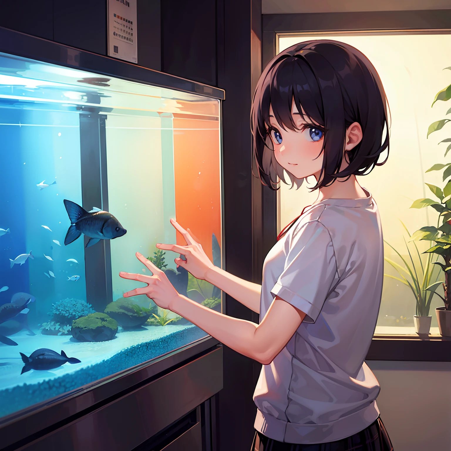 1 girl in、Girl looking at the aquarium、Fish in the aquarium、Light is reflecting