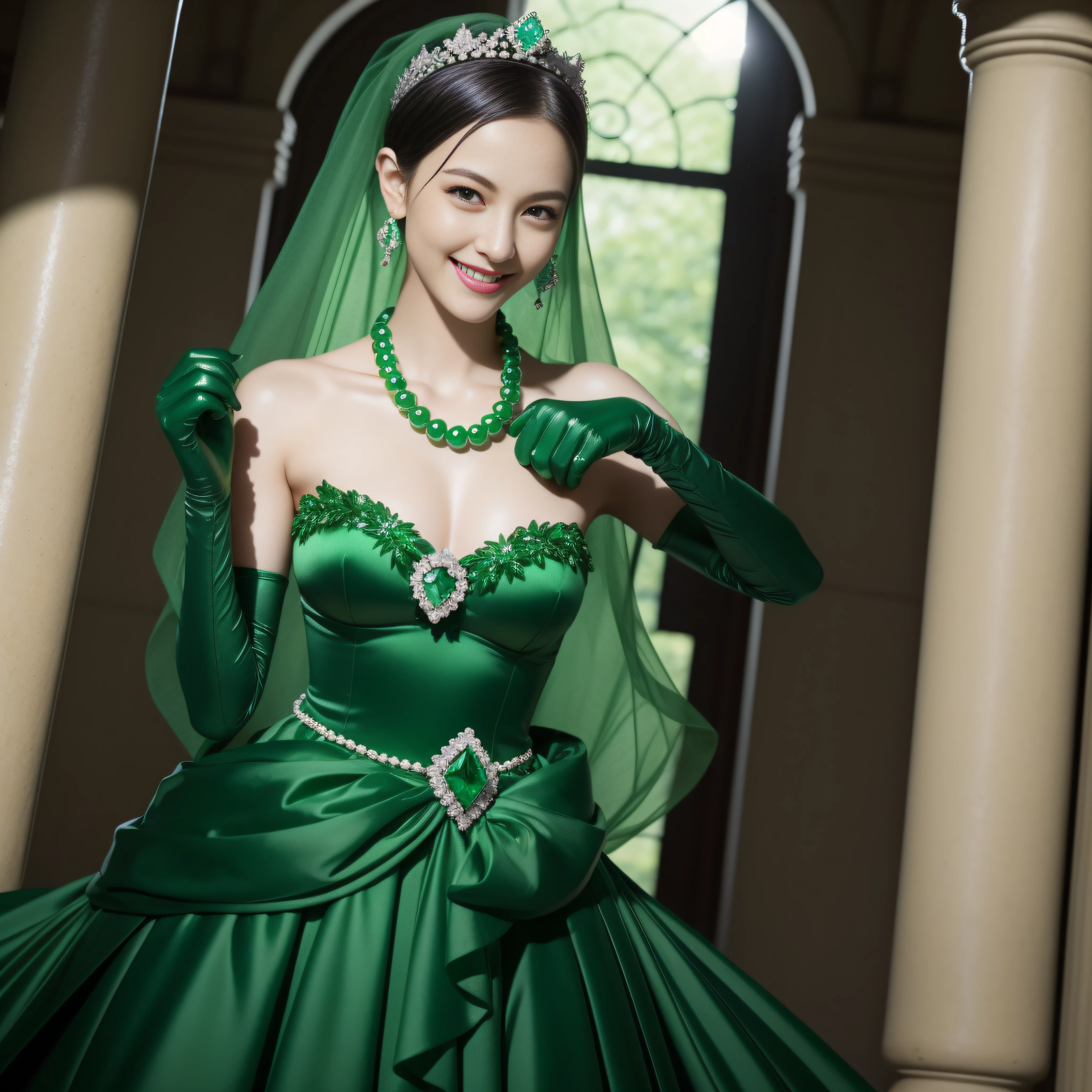emerald tiara, Green Pearl Necklace, Boyish very short black hair, lipsticks, Japan woman smiling, very short short hair, big breasts beautiful, Green eyes, Long green gloves made of satin material, Green eyes, Emerald Earrings