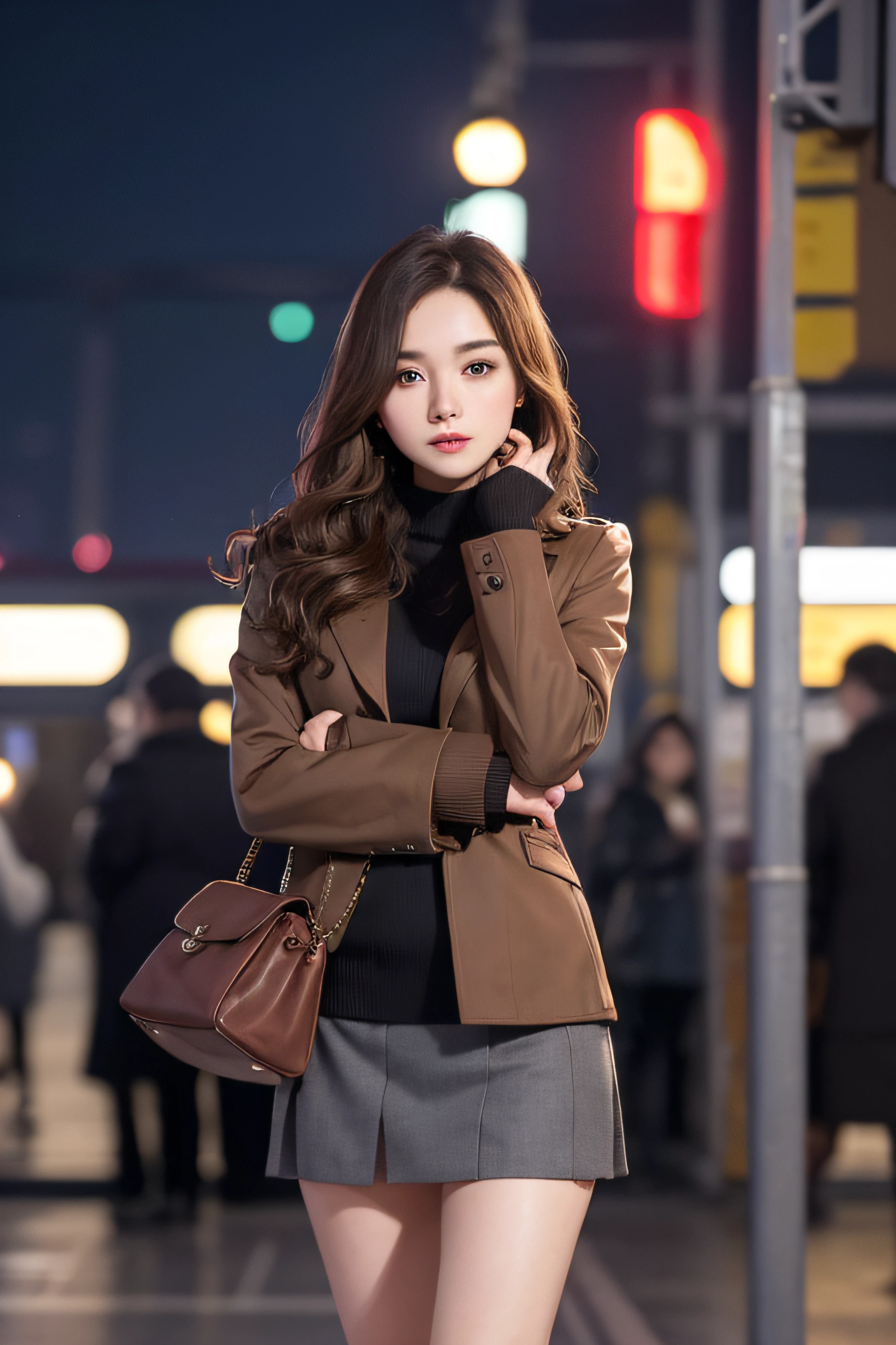 1womanl、Early 20s、(Strong-willed super beautiful woman)、(ultra beautiful faces)、Wearing makeup、Wavy brown hair、a miniskirt、Standing on the station platform in the big city at night、Background is a stationary train、Shallow depth of field