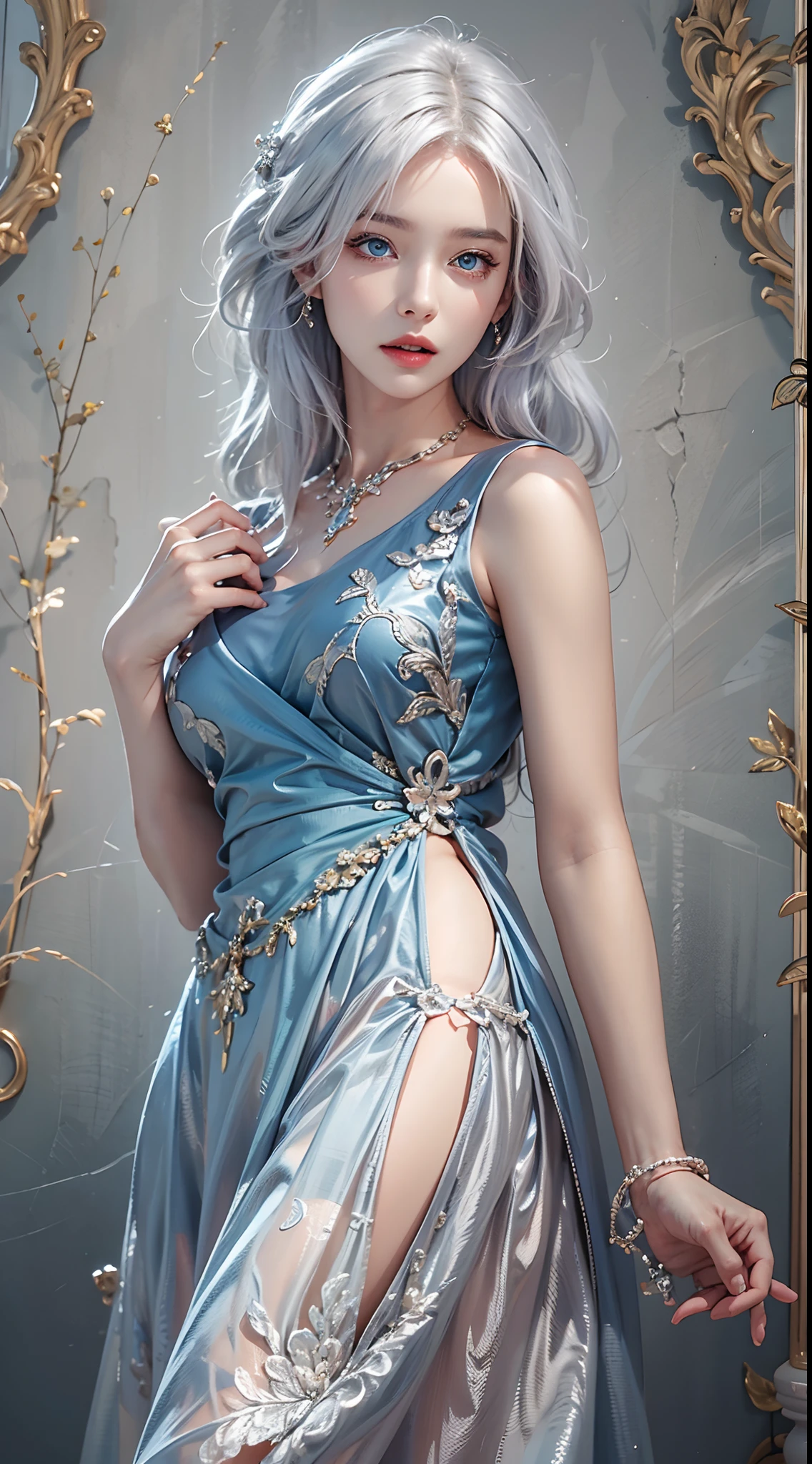 photorealistic, masterpiece, high resolution, soft light, mature female, silver hair, blue eyes, hips up, elegant dress, full dress