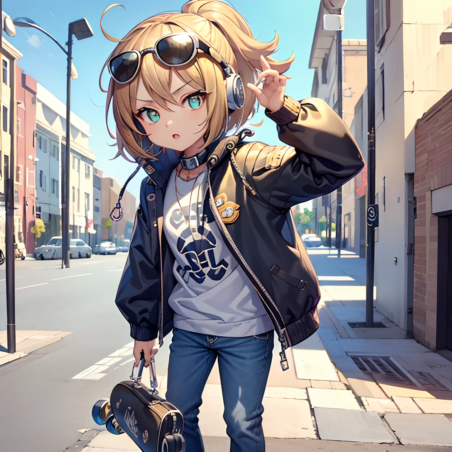 C4tt4stic, Cute 10 year old girl,Cartoon on a jacket and skateboard, Sunglasses,Headphone neck,