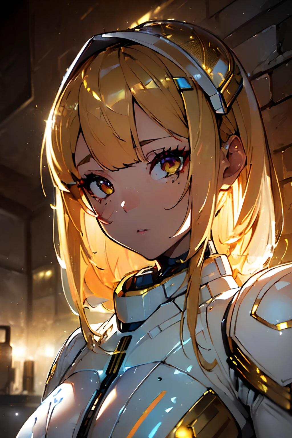 (masterpiece), best quality, (((in hyper realistic and detailed golden lines neon-lit sci-fi plugsuit white armor, aethereal aesthetic style))) beauty korean idoll, intricate perfect beauty face, detailed sharp eyes, hyper realistic and detailed hair, (((from face to the waist:1. 0))), (((beauty shape))), masterpiece, 4k, UHD