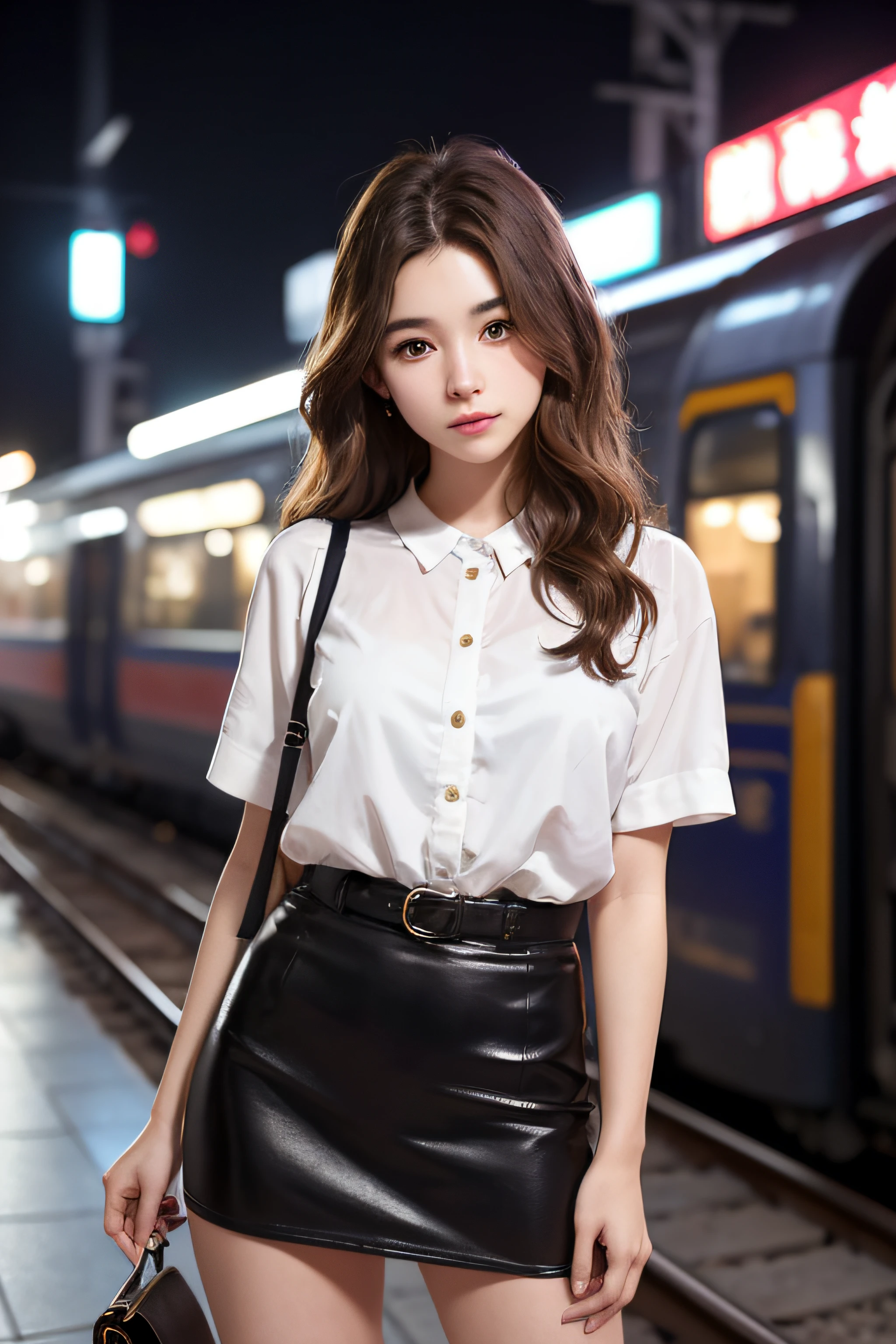 1womanl、Early 20s、(Strong-willed super beautiful woman)、(ultra beautiful faces)、Wearing makeup、Wavy brown hair、a miniskirt、Standing on the station platform in the big city at night、Background is a stationary train、Shallow depth of field