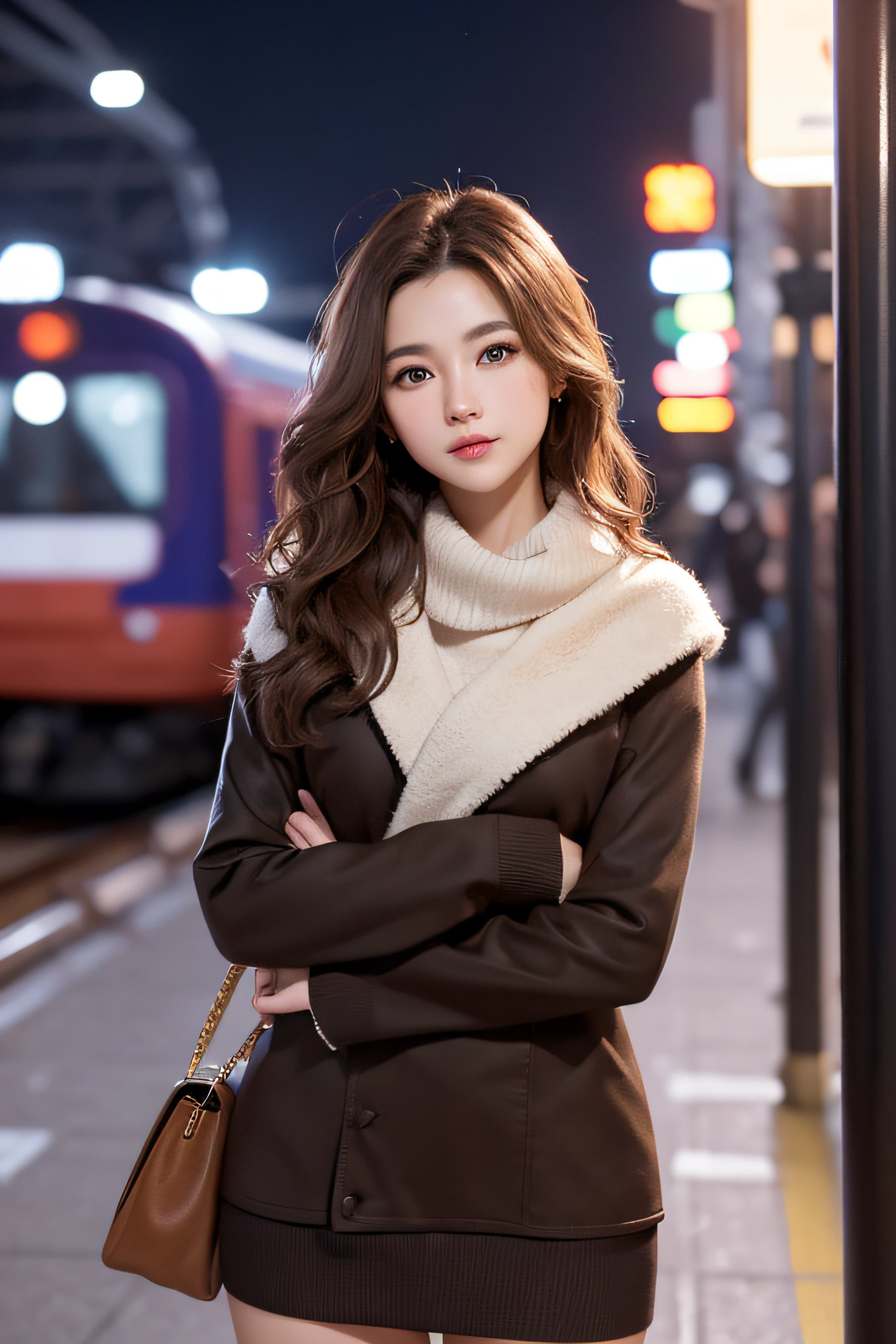 1womanl、Early 20s、(Strong-willed super beautiful woman)、(ultra beautiful faces)、Wearing makeup、Wavy brown hair、a miniskirt、Standing on the station platform in the big city at night、Background is a stationary train、Shallow depth of field