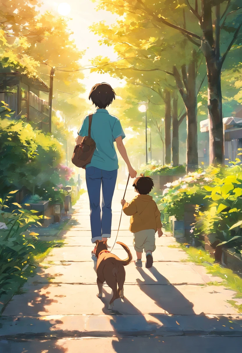 A beautiful sunny day and a walking his dog.. The babyvery real cinematic image. The child's ts come right behind them.