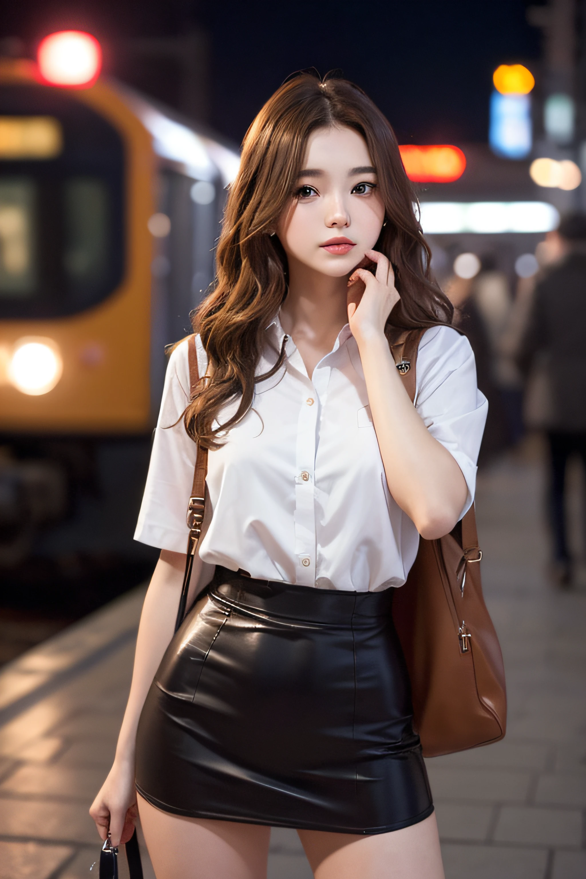 1womanl、Early 20s、(Strong-willed super beautiful woman)、(ultra beautiful faces)、Wearing makeup、Wavy brown hair、a miniskirt、Standing on the station platform in the big city at night、Background is a stationary train、Shallow depth of field