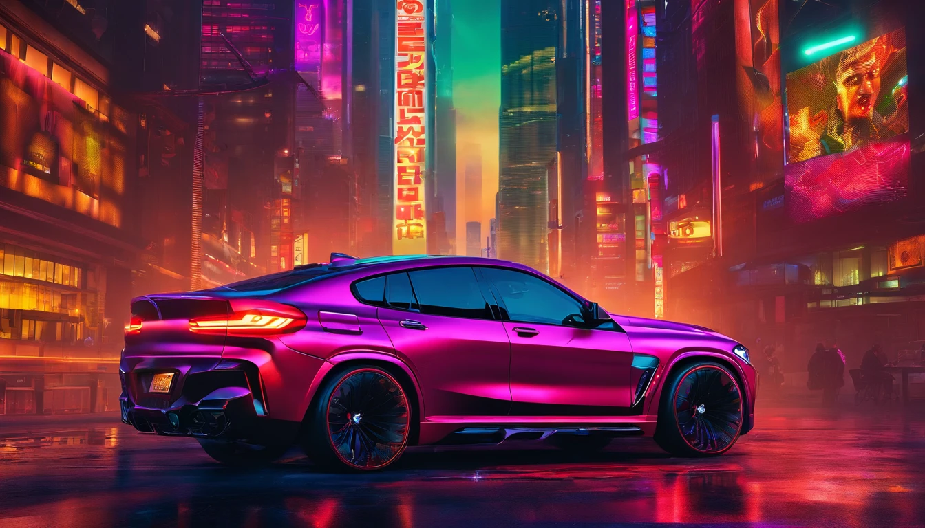 A sleek and beautiful black 2023 BMW X6 M sports car parked in the middle of the road. Skyscrapers in the background, wide-body vehicle. Outstanding high rear wing, Outstanding four-tip exhaust. Big wheels, Glowing purple wheels. A man in an open jacket leans against a car. A man is texting on his phone. cyberpunk 2077, Biomechanical Man, Cybernetic sleeves, Digital Right Eye.