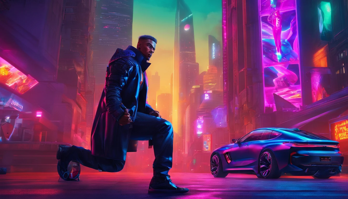 A sleek and beautiful black 2023 BMW X6 M sports car parked in the middle of the road. Skyscrapers in the background, wide-body vehicle. Outstanding high rear wing, Outstanding four-tip exhaust. Big wheels, Glowing purple wheels. A man in an open jacket leans against a car. A man is texting on his phone. cyberpunk 2077, Biomechanical Man, Cybernetic sleeves, Digital Right Eye.