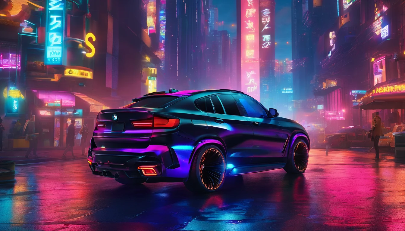 A sleek and beautiful black 2023 BMW X6 M sports car parked in the middle of the road. Skyscrapers in the background, wide-body vehicle. Outstanding high rear wing, Outstanding four-tip exhaust. Big wheels, Glowing purple wheels. A man in an open jacket leans against a car. A man is texting on his phone. cyberpunk 2077, Biomechanical Man, Cybernetic sleeves, Digital Right Eye.