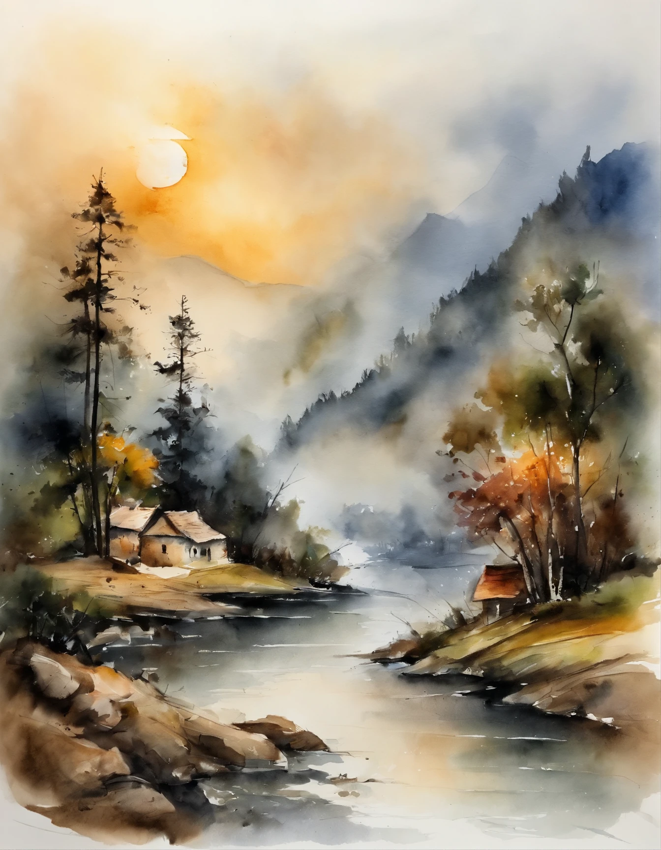 Landscape painting,ink and watercolor painting,water ink,ink,Smudge,Faraway view,,Meticulous,Faraway view,Meticulous,Smudge,low-saturation,Low contrast,The light boat has crossed the Ten Thousand Heavy Mountains,Beautifully depicted,A detailed,acurate,Works of masters,tmasterpiece
