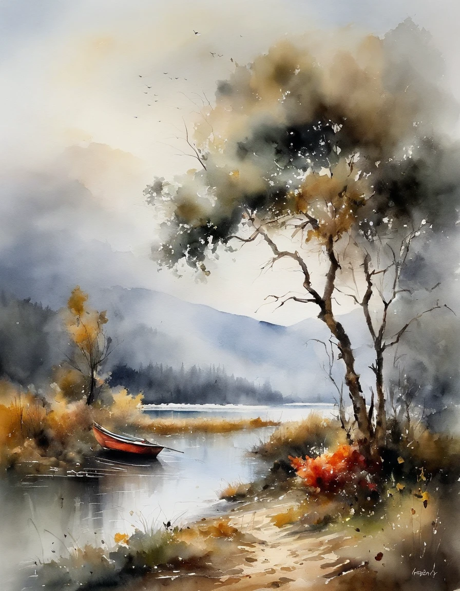 Landscape painting,ink and watercolor painting,water ink,ink,Smudge,Faraway view,,Meticulous,Faraway view,Meticulous,Smudge,low-saturation,Low contrast,The light boat has crossed the Ten Thousand Heavy Mountains,Beautifully depicted,A detailed,acurate,Works of masters,tmasterpiece