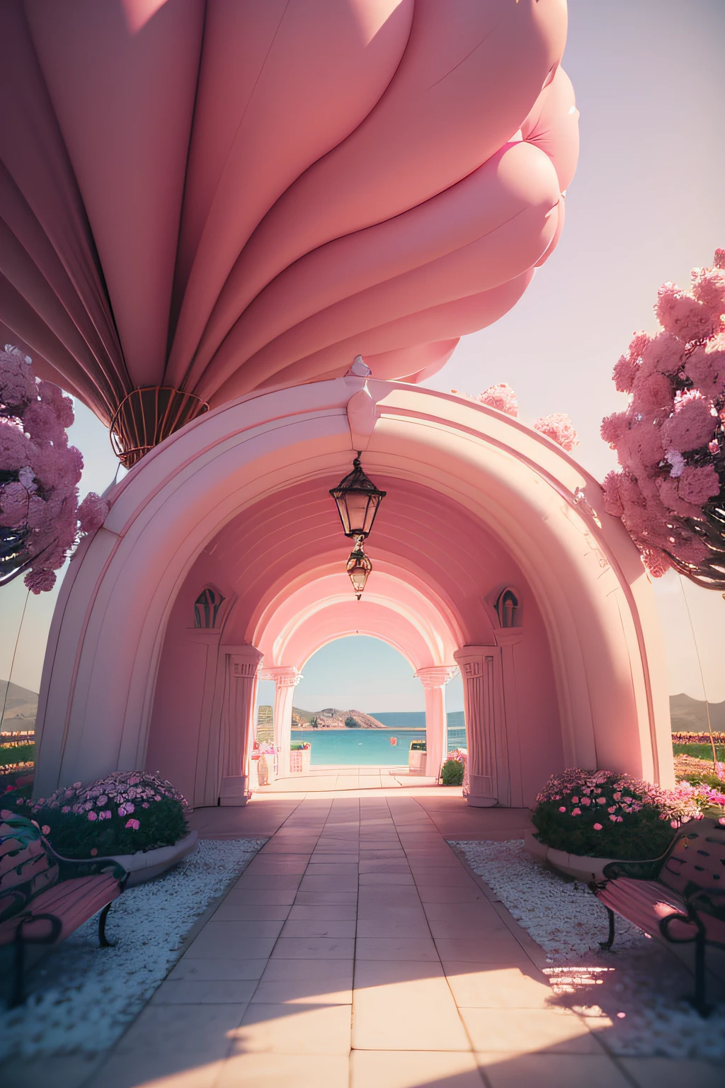 There is a pink and white arch，With balloons and benches, Roses are style, pink landscape, Dream Scenes, Looking at the pink ocean, 3 d render stylized, 3D rendering stylized, surreal 3 d render, bubbly scenery, surreal dream landscape, 3 d stylize scene, stylized as a 3d render, dreamy atmosphere and drama