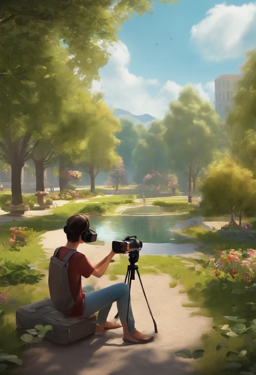 Boys use VR、AR、cameras、camera、Painting related elements、UAVs、mapping tools, etc))People drawing items to take pictures of small tree-lined parks with clean painting style --auto