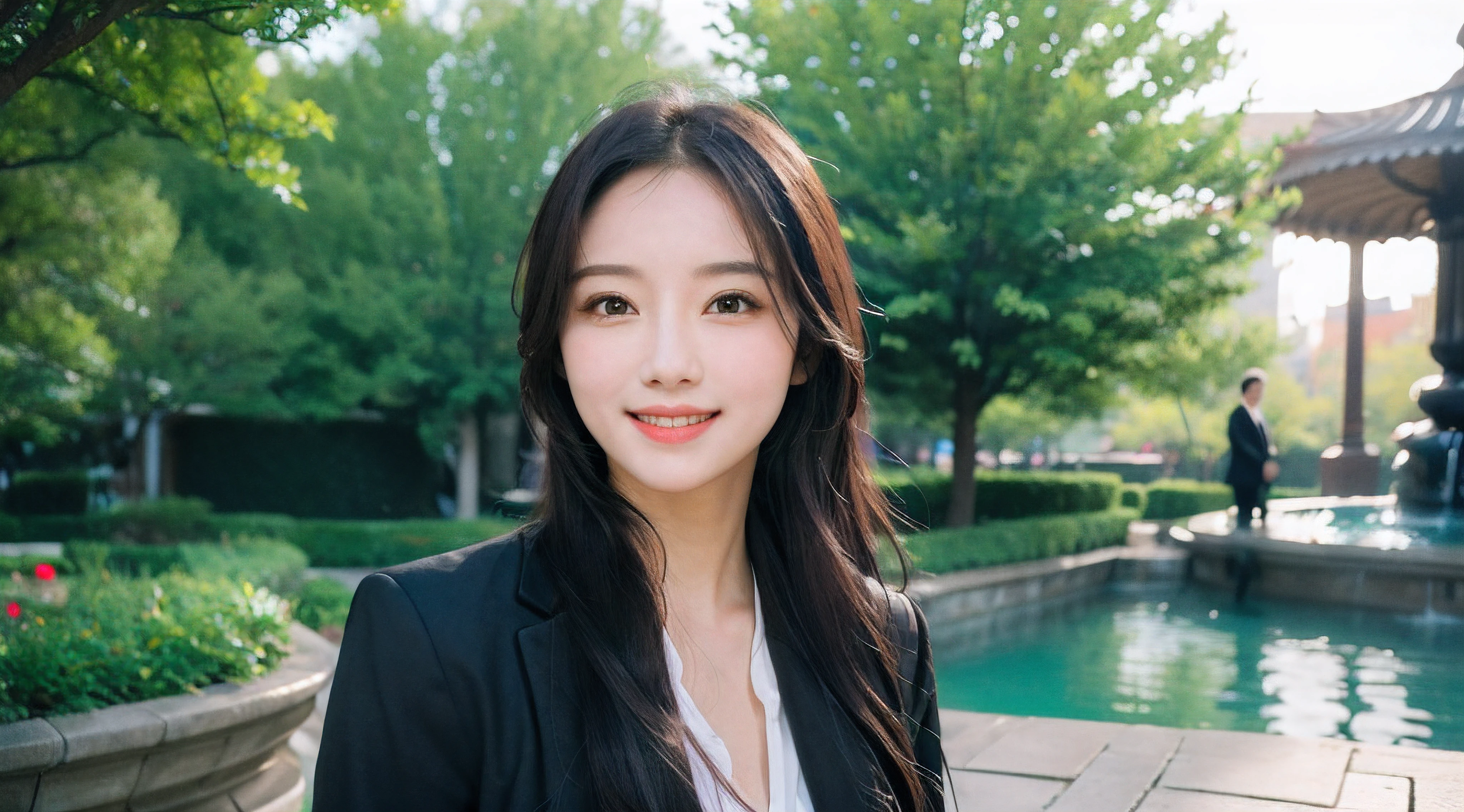 a park、The fountain、face forcus、Beautiful woman、business sui、jaket、Button shirt、a picture、A detailed face、Detailed lips、A detailed eye、a smile , One person