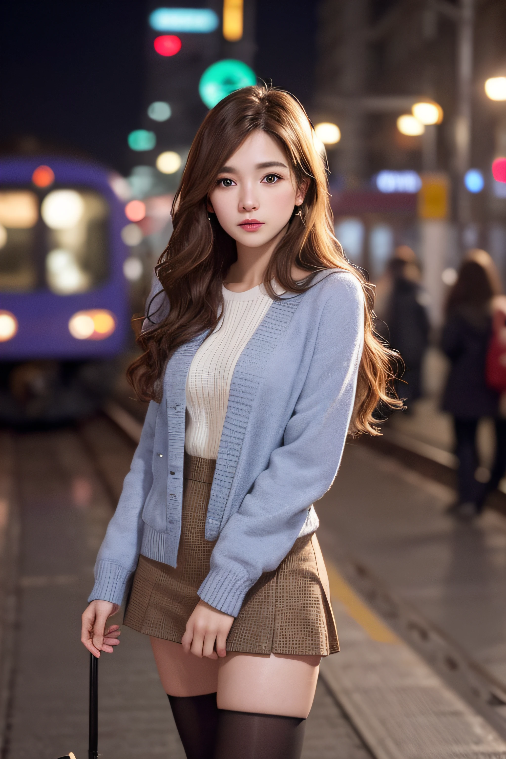 1womanl、Early 20s、(Strong-willed super beautiful woman)、(ultra beautiful faces)、Wearing makeup、Wavy brown hair、a miniskirt、Standing on the station platform in the big city at night、Background is a stationary train、Shallow depth of field