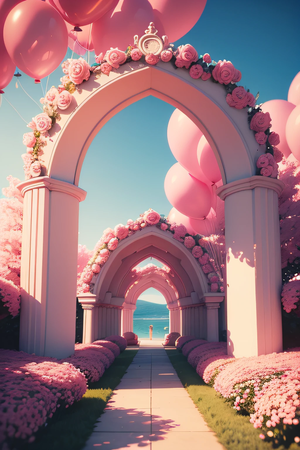 There is a pink and white arch，With balloons and benches, Roses are style, pink landscape, Dream Scenes, Looking at the pink ocean, 3 d render stylized, 3D rendering stylized, surreal 3 d render, bubbly scenery, surreal dream landscape, 3 d stylize scene, stylized as a 3d render, dreamy atmosphere and drama