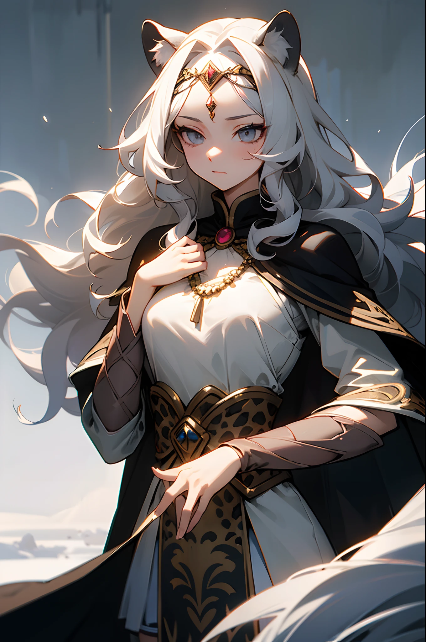 (masterpiece, best quality:1.2),1girl, upper body,tail, large tail, white hair, very long hair, wavy hair, grey eyes, detailed eyes, multicolored hair, circlet, bead necklace, animal ears, leopard ears, black cape, white dress, hip vent, pelvic curtain, grey thighhighs, snowy, snowy mountains, blizzard, volumetric lighting, subsurface scattering, cinematic lighting, chiaroscuro, floating hair, hand on own chest