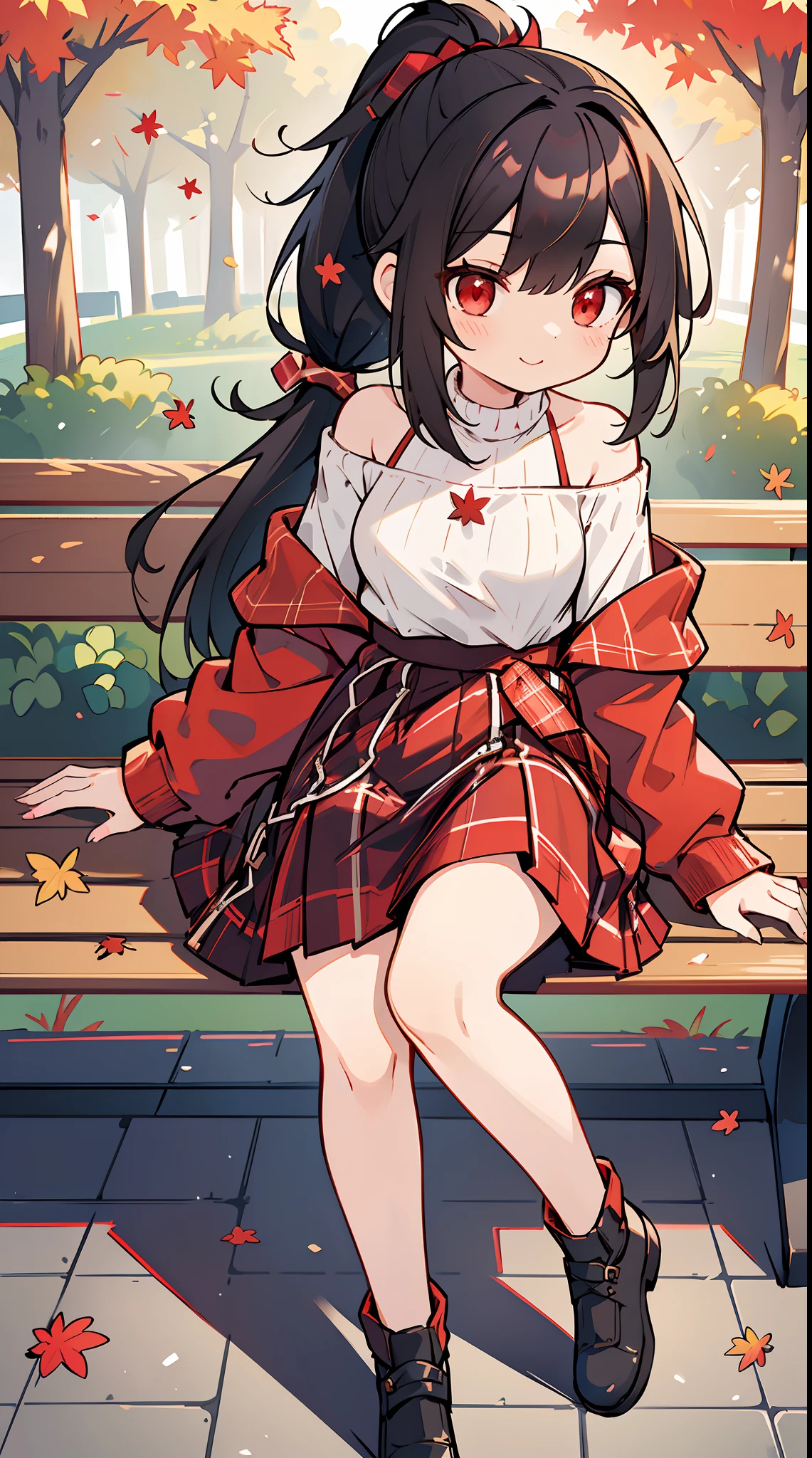 Best Quality,masutepiece,1girl in,my,(slender:1.3),medium breasts,(Black hair:1.3),(Ponytail:1.1),(oblique bangs:1.3),(Detailed red eyes:1.1),(Smile:0.8),Autumn,Sit on a park bench,Angle from an angle,Maple Column,(Sense of depth:1.2),white off-shoulder sweater, (plaid skirts, Red skirt:1.2),(Walking:1.1),