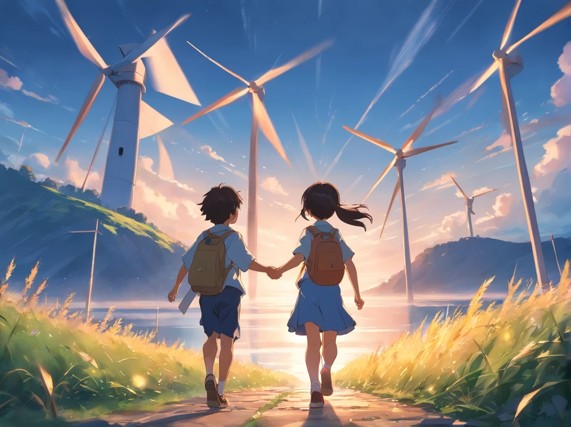 Children holding windmills in their hands,Run on the slate