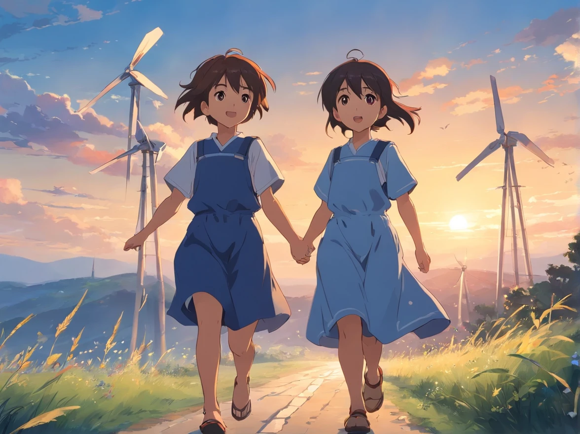 Children holding windmills in their hands,Run on the slate