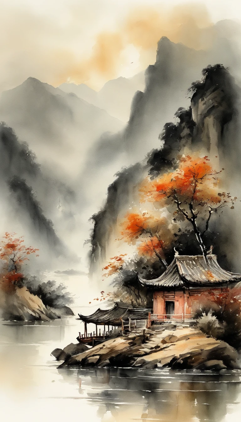 Chinese landscape painting，ink and watercolor painting，water ink，ink，Smudge，Faraway view，Ultra-wide viewing angle，Meticulous，Light boat in the distance，Faraway view，Meticulous，Smudge，low-saturation，Low contrast，The light boat has crossed the Ten Thousand Heavy Mountains，Beautifully depicted，A detailed，acurate，Works of masters，tmasterpiece