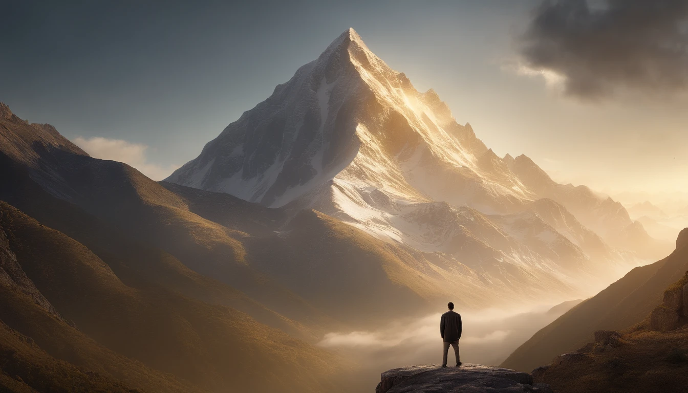 (best quality,4k,8k,highres,masterpiece:1.2),ultra-detailed,(realistic,photorealistic,photo-realistic:1.37), a man standing on top of the mountain, looking at the ranscendent mountain peak,serene mountain landscape, merkaba dancing in the sky, above the man's head, sunlight illuminating the sacred patterns,ascend to higher dimensions,transcendental energy radiating from the mountain,majestic mountain range bathed in golden light,harmonious blend of sacred symbols and nature's grandeur,awe-inspiring view from the mountain top,illuminating journey towards enlightenment,ethereal atmosphere enveloping the scene,sublime connection between nature and spirituality,serenity and tranquility merging with divine geometry.