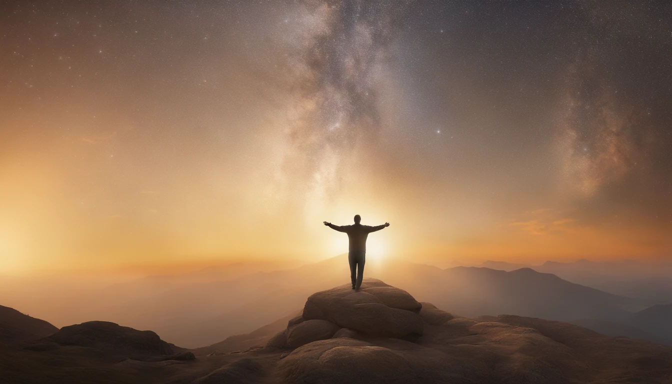 (best quality,4k,8k,highres,masterpiece:1.2),ultra-detailed,(realistic,photorealistic,photo-realistic:1.37), a man standing on top of the mountain, looking at the ranscendent mountain peak,serene mountain landscape, merkaba dancing in the sky, above the man's head, sunlight illuminating the sacred patterns,ascend to higher dimensions,transcendental energy radiating from the mountain,majestic mountain range bathed in golden light,harmonious blend of sacred symbols and nature's grandeur,awe-inspiring view from the mountain top,illuminating journey towards enlightenment,ethereal atmosphere enveloping the scene,sublime connection between nature and spirituality,serenity and tranquility merging with divine geometry.