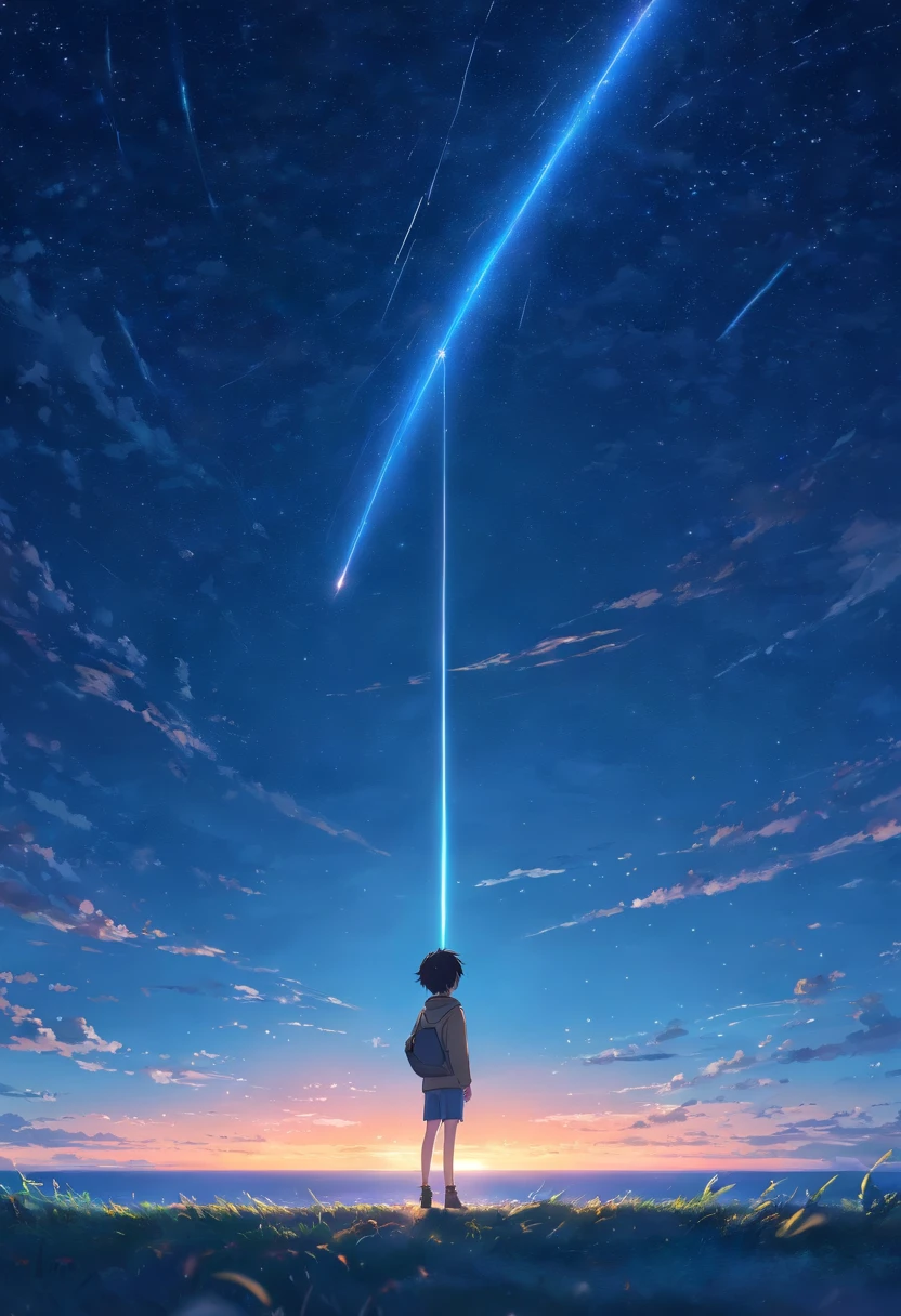 masterpiece, best quality, movie still, 1 boy, looking at sky, thinking something, miss his girlfriend, think about future, night sky, have meteor lines like kimi no nawa