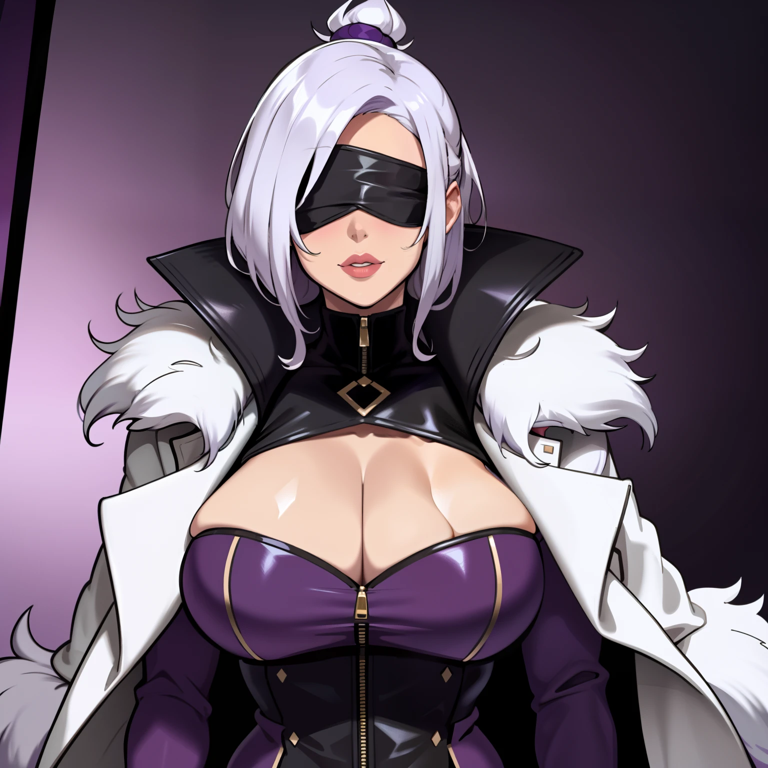 Mature busty female showing her cleavage wearing a fur lined coat, wearing blindfold, has purple and white hair