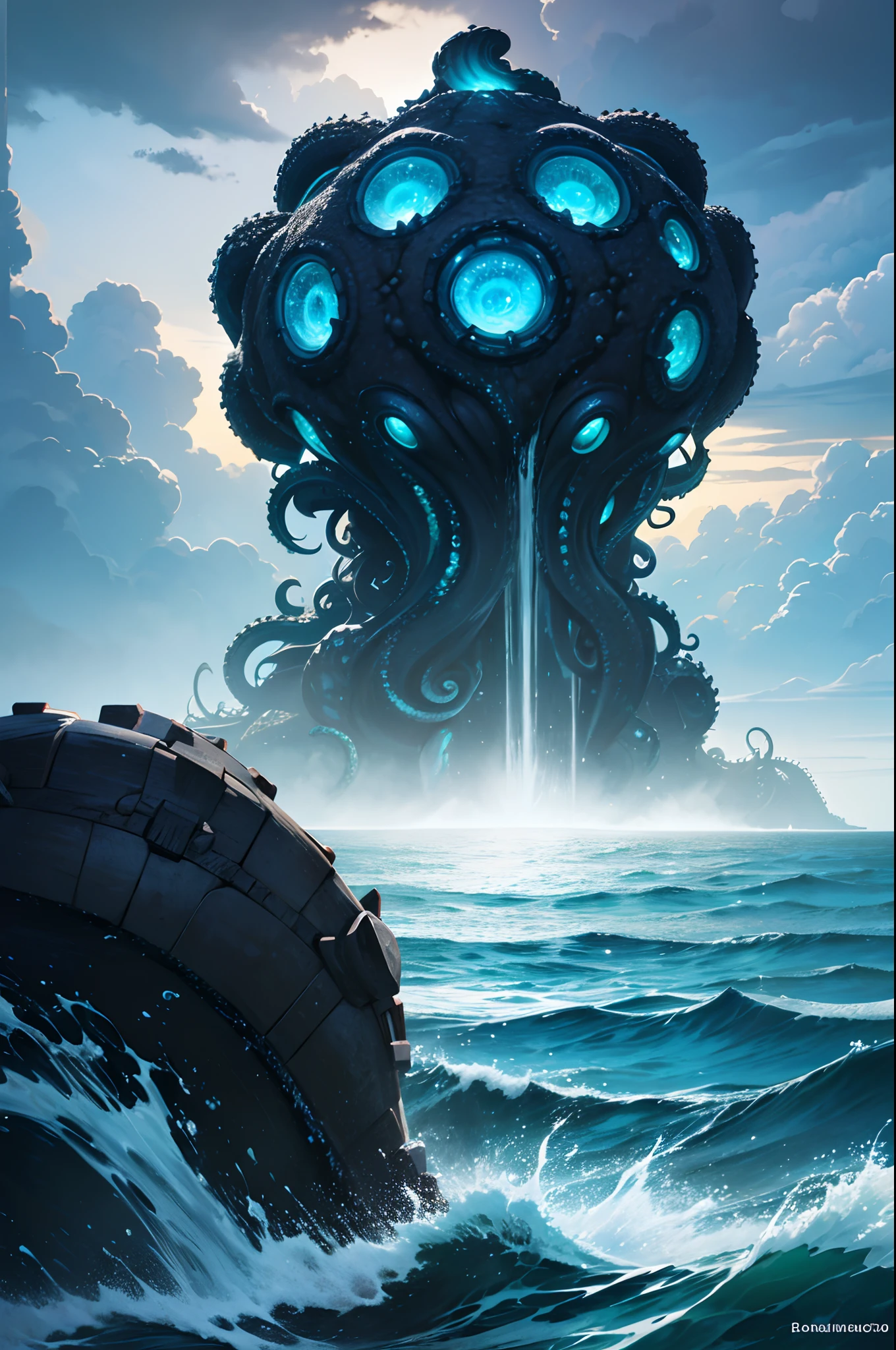 A cosmic being shaped like a gigantic kraken, blue and sea green carapace, at sea with gigantic proportion, invadindo a praia, saindo do mar, grande e detalhado, monstrous and magnificent, Sky with storm clouds, dramatic weather, dramatic scene, 8k, belo, azul mar, praia, ondas batendo nas pedras, extremamente detalhado