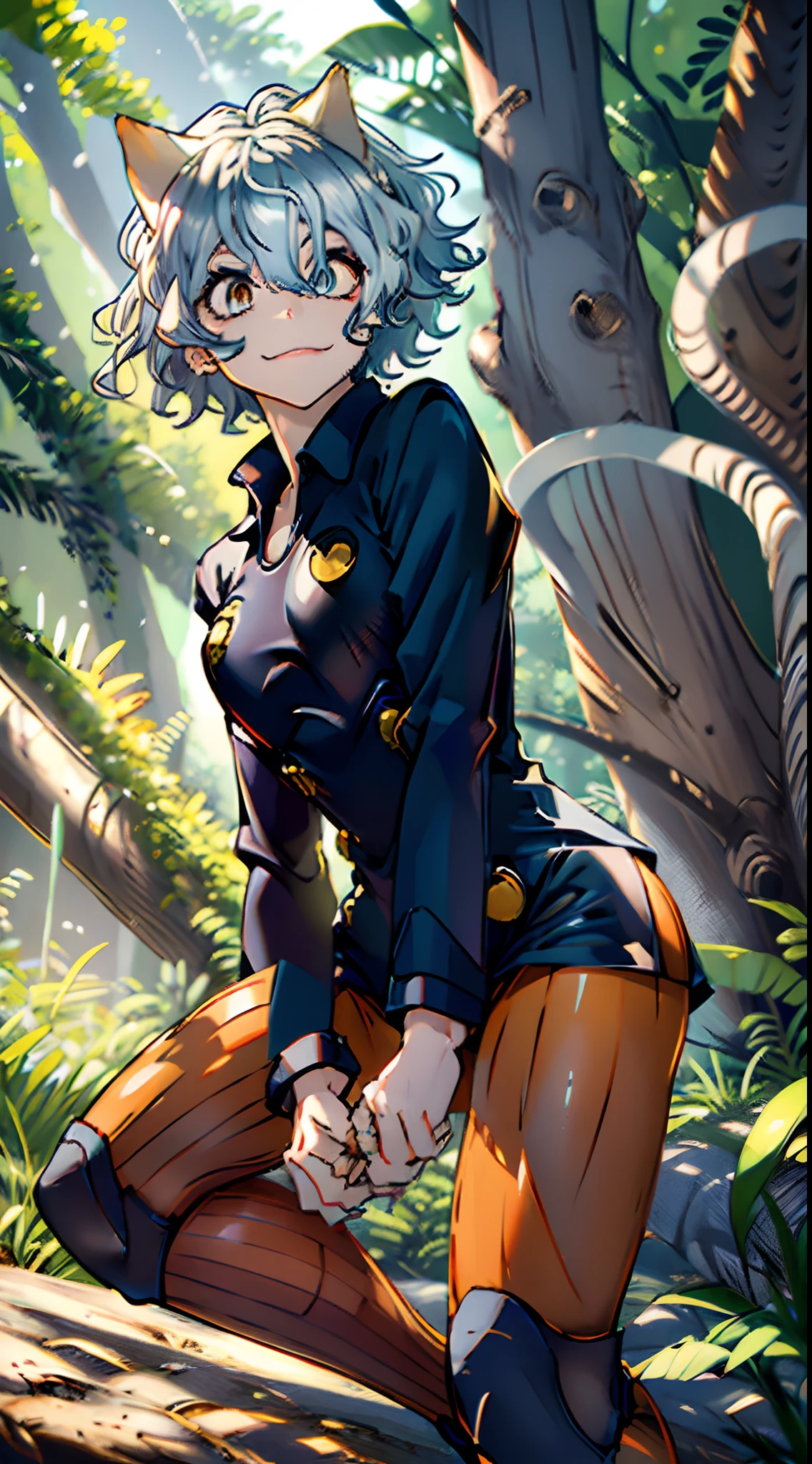 (masterpiece, best quality:1.2), best quality, expressive eyes, naughty smile. perfect face, cat pose, cat tail, cat ears, short hair, silver hair, navy peacoat, orange and black vertical stripes short leggings, forest, trees