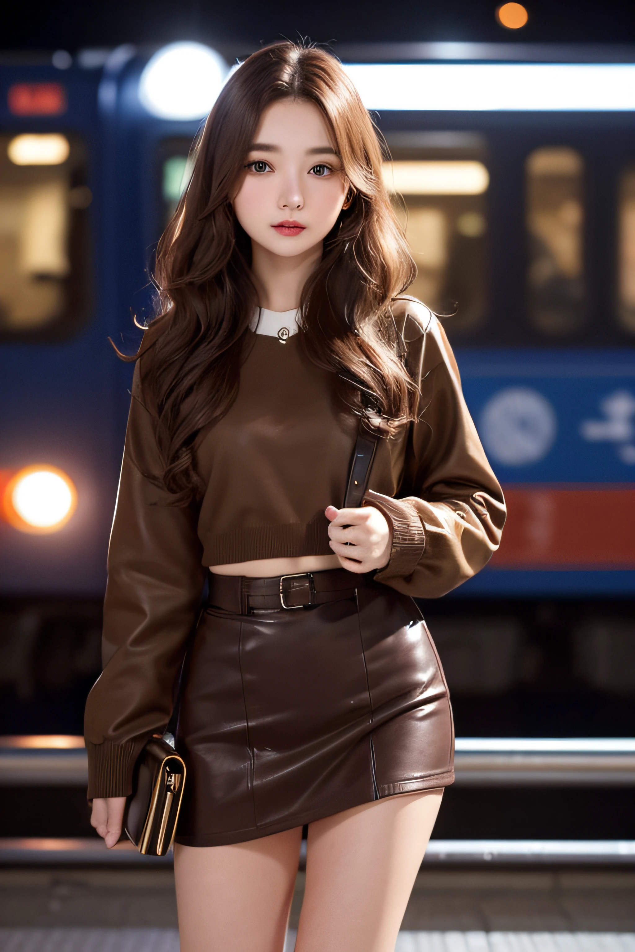 1womanl、Early 20s、(Strong-willed super beautiful woman)、(ultra beautiful faces)、Wearing makeup、Wavy brown hair、a miniskirt、Standing on the station platform in the big city at night、Background is a stationary train、Shallow depth of field