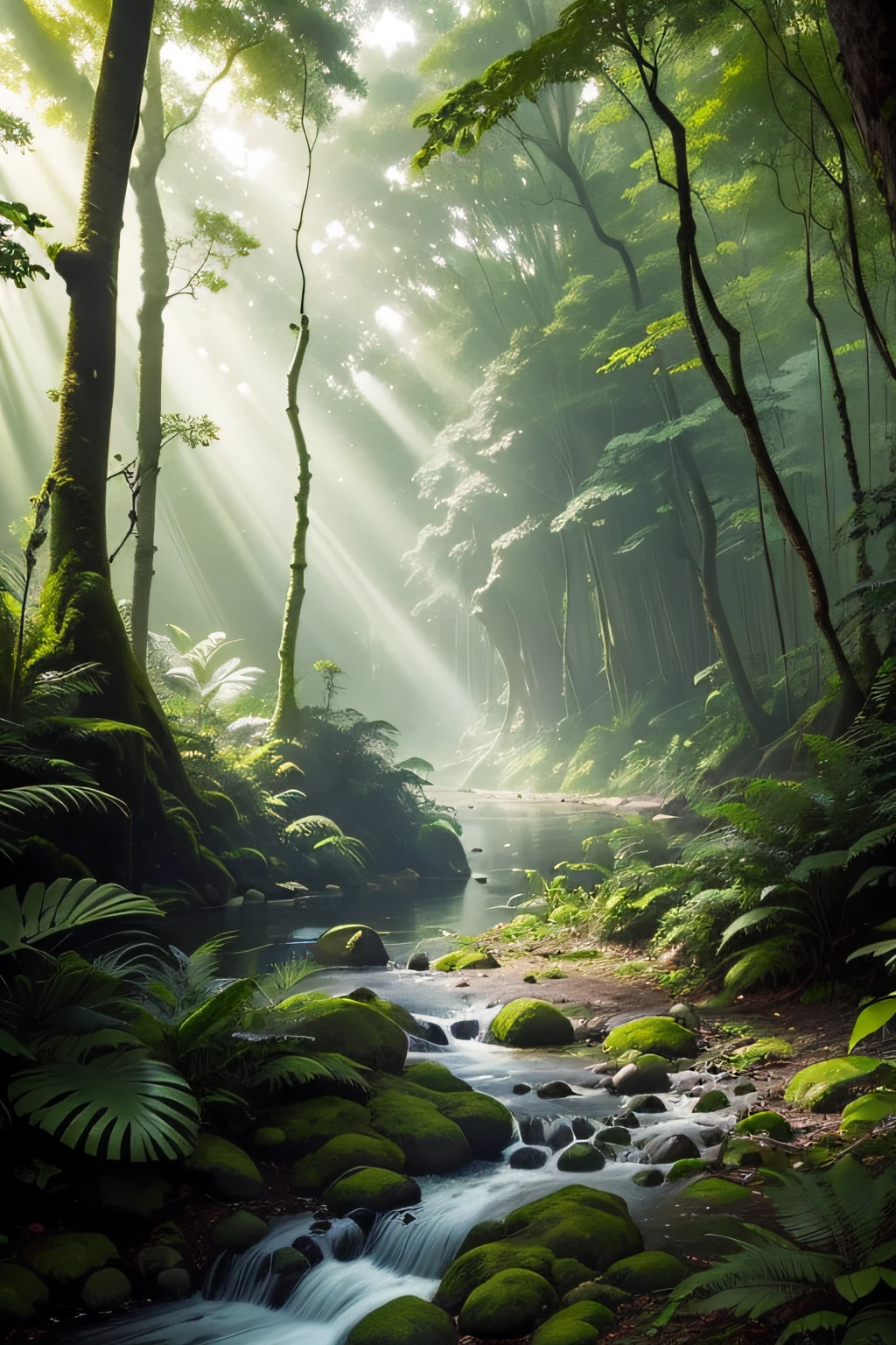 Scene of a vast tropical forest, where tall, lush trees intertwine.
Sunlight penetrates through the treetops, creating golden rays that illuminate the forest floor.
Dense and varied vegetation makes up the scene, including ferns, shrubs and lichens on the trees.
The atmosphere is filled with the sounds of nature, with birds chirping and insects buzzing.
A winding river gently flows through the forest, adding a touch of serenity to the environment.