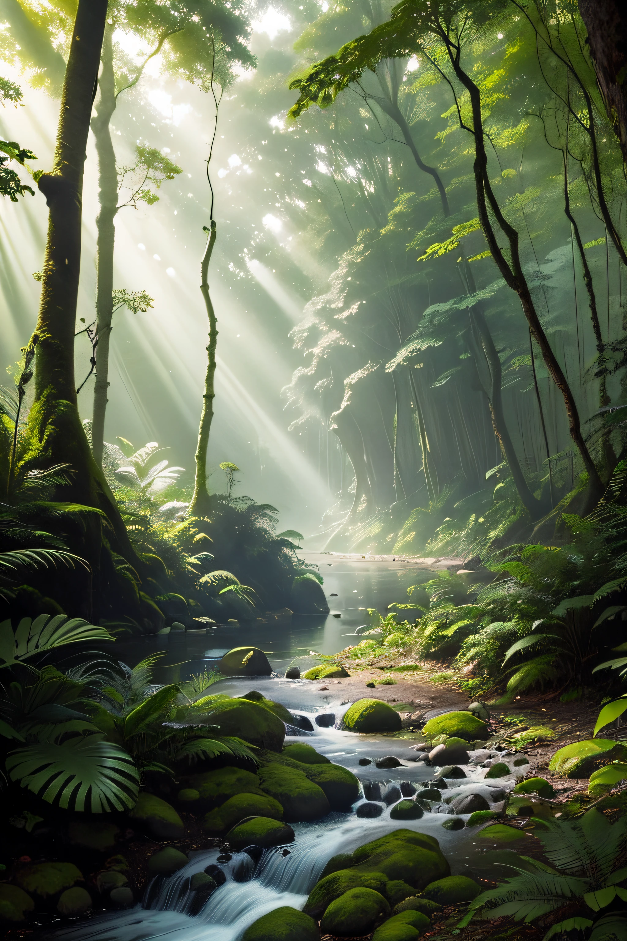 Scene of a vast tropical forest, where tall, lush trees intertwine.
Sunlight penetrates through the treetops, creating golden rays that illuminate the forest floor.
Dense and varied vegetation makes up the scene, including ferns, shrubs and lichens on the trees.
The atmosphere is filled with the sounds of nature, with birds chirping and insects buzzing.
A winding river gently flows through the forest, adding a touch of serenity to the environment.