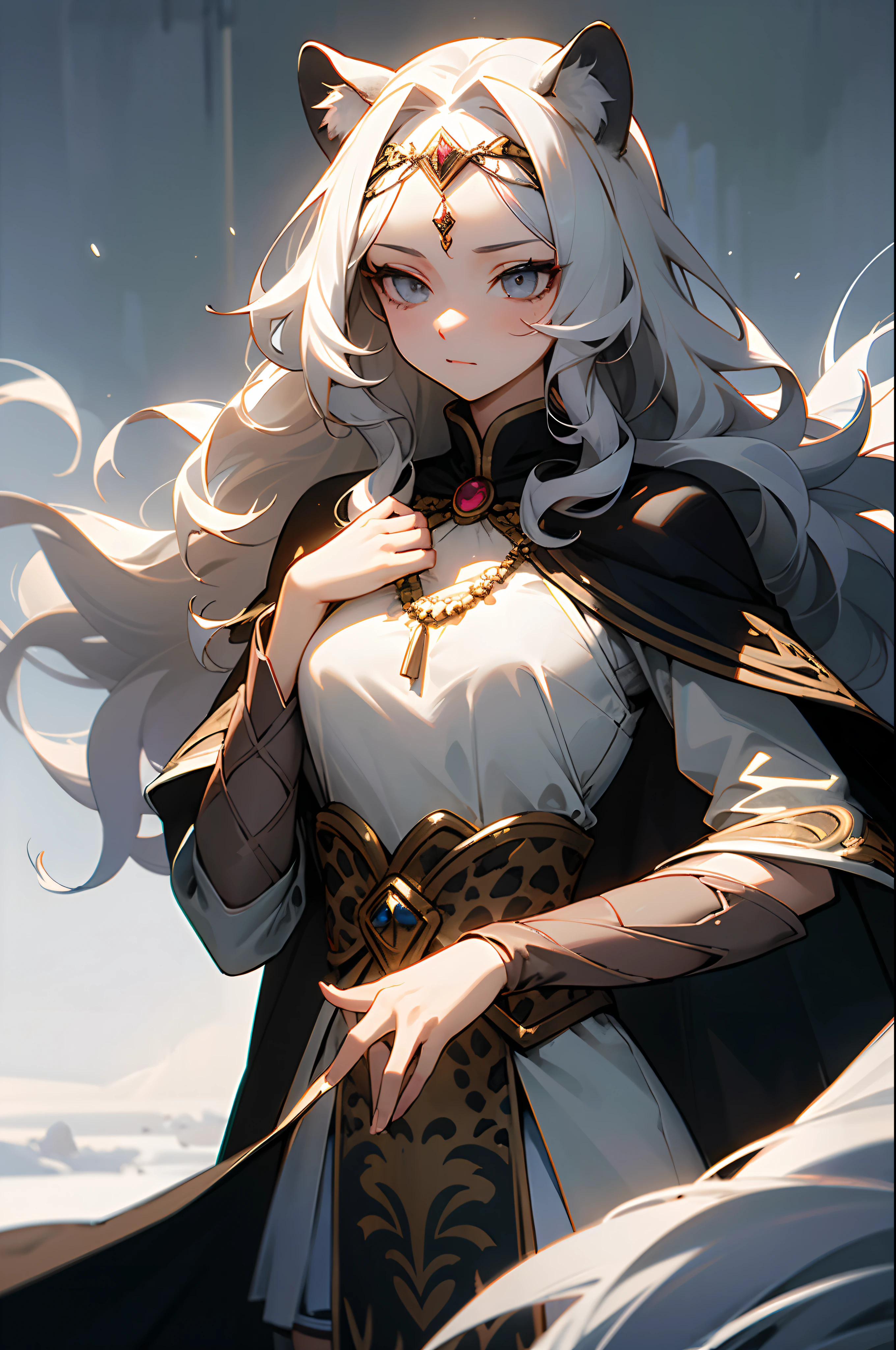 (masterpiece, best quality:1.2),1girl, upper body,tail, large tail, white hair, very long hair, wavy hair, grey eyes, detailed eyes, multicolored hair, circlet, bead necklace, animal ears, leopard ears, black cape, white dress, hip vent, pelvic curtain, grey thighhighs, snowy, snowy mountains, blizzard, volumetric lighting, subsurface scattering, cinematic lighting, chiaroscuro, floating hair, hand on own chest