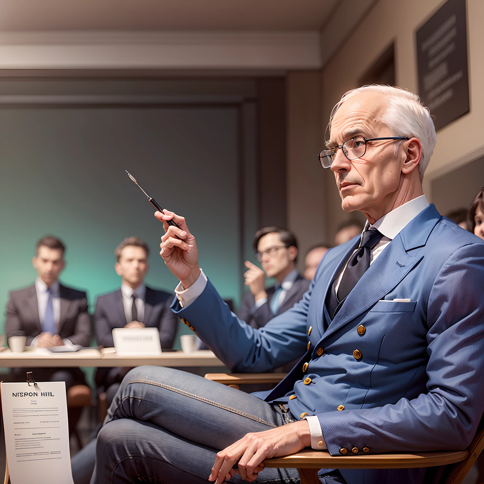 "Imagem: Renowned writer Napoleon Hill is on stage, engaging and charismatic, while sharing valuable insights with a group of attentive entrepreneurs. The businessmen are seated in chairs arranged in front of the stage, fixing his gaze on Hill with admiration and interest, prontos para absorver as palavras do mestre." My approach to digital oil painting highlights dark and bright blue hues, with a focus on meticulous realism and the application of meticulous textures to create depth and engaging atmosphere in the images --auto --s2