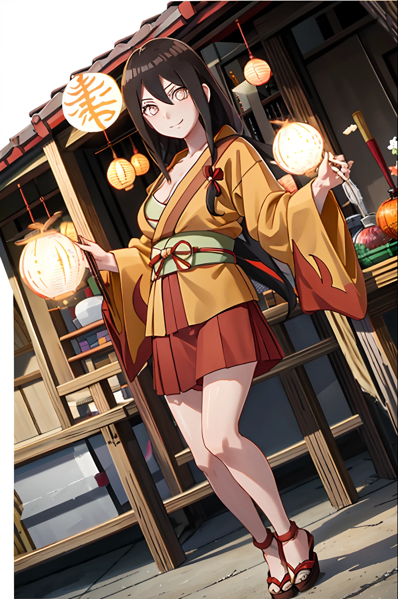 tmasterpiece， Hinata fireworks， 1girll， 独奏， orange kimono， Red hakama skirt， obi strip， Wide sleeves， looking at viewert，cleavage，Large breasts，Front view，ssmile，sportrait，Close-up shot