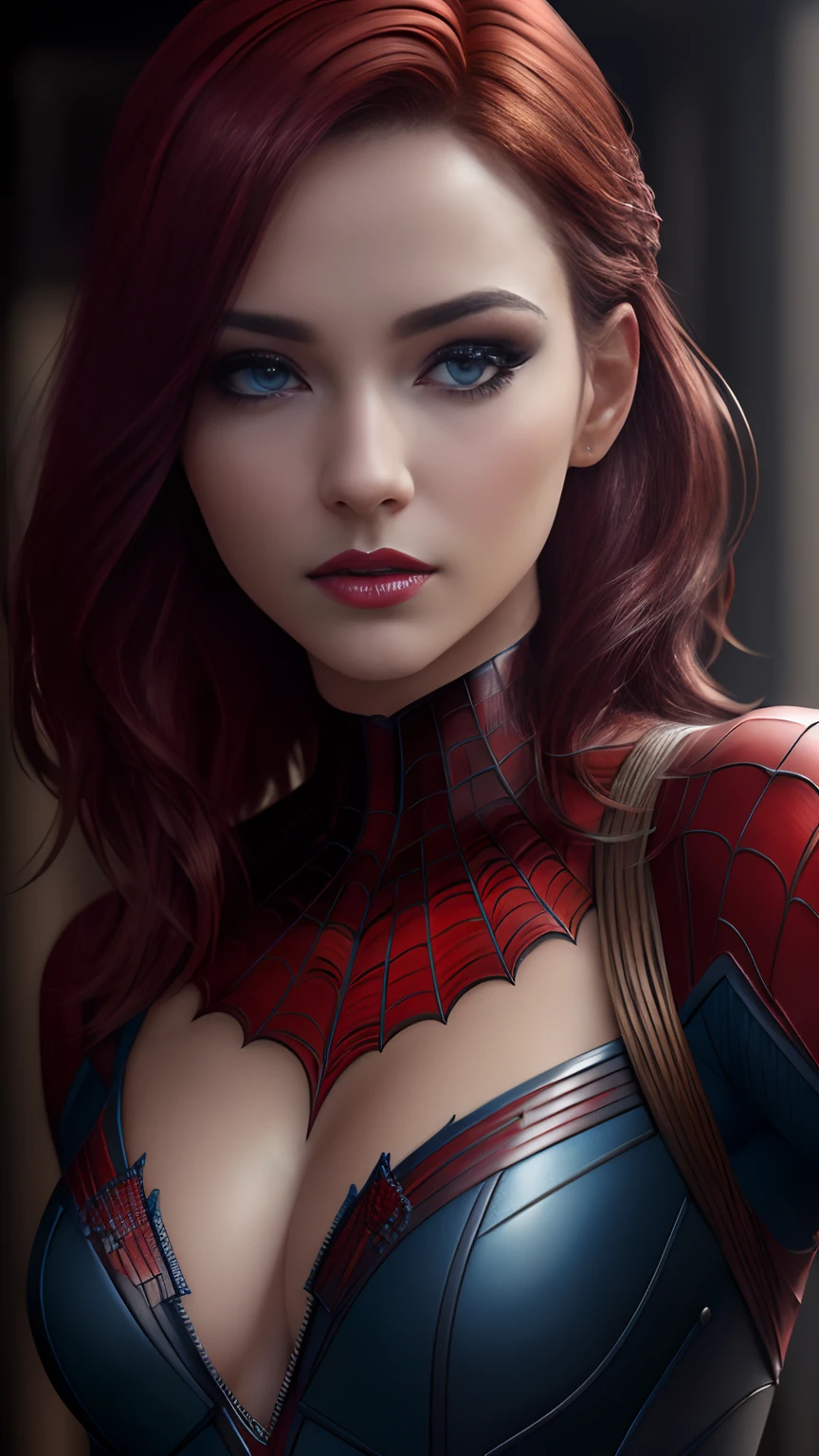 ((three-quarters of body)), short bob style hair, (RAW, analogue, Nikon Z 14mm ultra wide angle lens, award-winning glamor photography, ((best quality)), ((masterpiece)), ((realistic)), skin pores, subsurface scattering, light rays radiant, high resolution, detailed facial features, high detail, sharp focus, soft, aesthetic, extremely detailed (extremely detailed eyes, extremely detailed iris), extremely detailed hair, extremely detailed skin, extremely detailed clothing, octane rendering, photorealistic, realistic , post-processing, maximum detail, realistic shadows, roughness, natural skin texture, real life, ultra-realistic, photorealism, photography, 8k UHD, photography, hdr, intricate, elegant, highly detailed, sharp focus, stunning, beautiful, magnificent), detailed and Beautiful and realistic 24 year old girl like Marvel's Spiderman, ((blue eyes)), makeup, soft red painted lips, full body visible, (red hair), realistic skin, photorealistic, realistic and cinematic shot (wallpaper CG unity 8k extremely detailed), trending on ArtStation, trending on CGSociety, high detail, sharp focus, dramatic background, beautiful, full shot, high quality, (beautiful face), (detailed face), detailed hands, beautiful hands