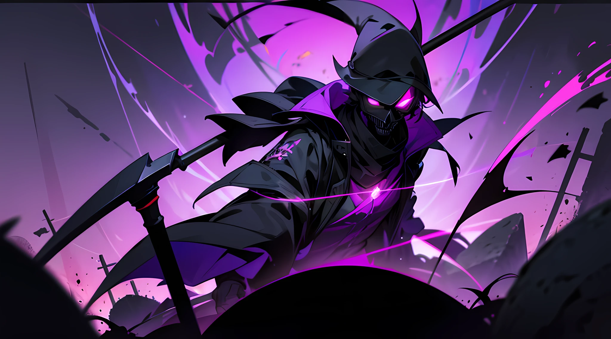 1guy, short black hair , one red eye , one purple eye ,glowing eye , purple theme , wearing gravedigger hat , with a scythe , gravedigger coat , full black skull mask , hell , covered face , high res, ultrasharp, 1080p, masterpiece , desktop background