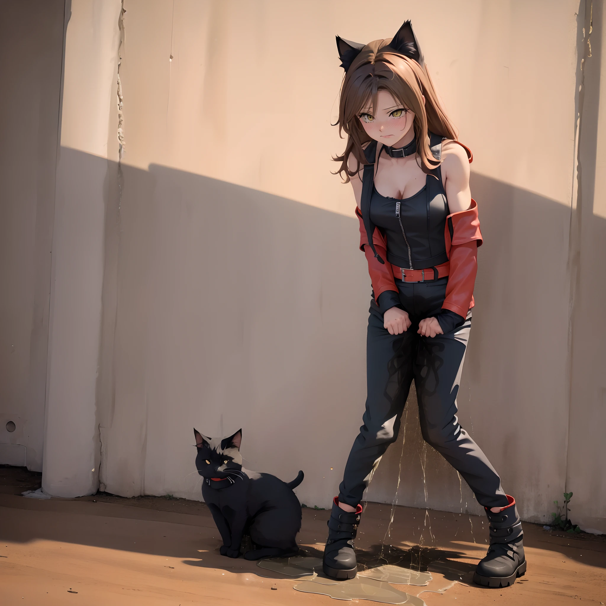 (masterpiece, top quality, best quality, highly detailed:1.2), 1girl, solo, photo of a sexy muscular catgirl standing and peeing on the ground, peeing self, having an accident, red desert, yellow sky, outdoors, standing, (((pee stream))), (((pee puddle))), pee stain, (wet pants), black leather pants, black high-heeled combat boots, (red sleevless biker jacket), black fingerless gloves, white tank top, cleavage, midriff, no bra, blush, trembling, embarrassed, angry, golden cat bell collar, ((bullet belt)), red lipstick, black shoulder-length hair, black cat ears, black cat tail, yellow cat eyes, cat claws, ((muscles)), ((brown skin tone)), chaingun